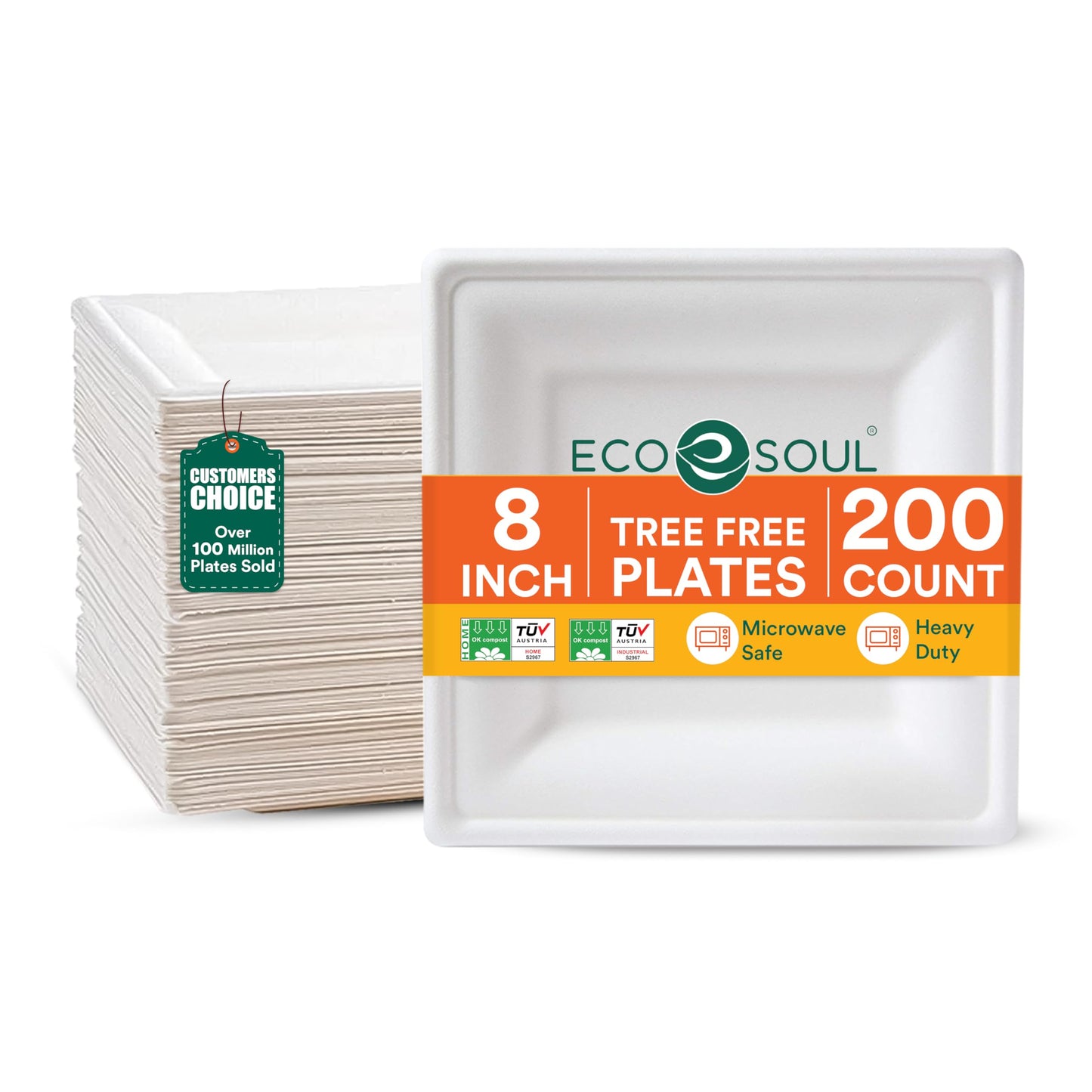 ECO SOUL 8 Inch Compostable Disposable Paper Plates [200 Pack] Food Safe 100% Virgin Bagasse Pulp Heavy Duty Biodegradable Microwave Safe Large Square Dinner Plate for Party, Picnic & BBQ (White)