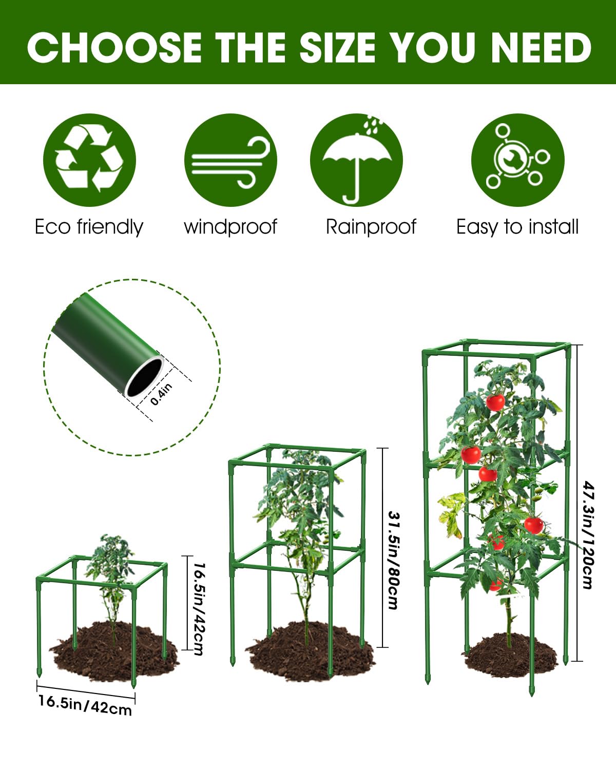 MYMULIKE Tomato Cage for Garden, 47.3 * 16.5 * 16.5in Extra Large Tomato Plant Support Stakes, 3 Pack Heavy Duty Garden Plant Trellis for Climbing Vegetables Flowers Fruits with 10 PCS Clips