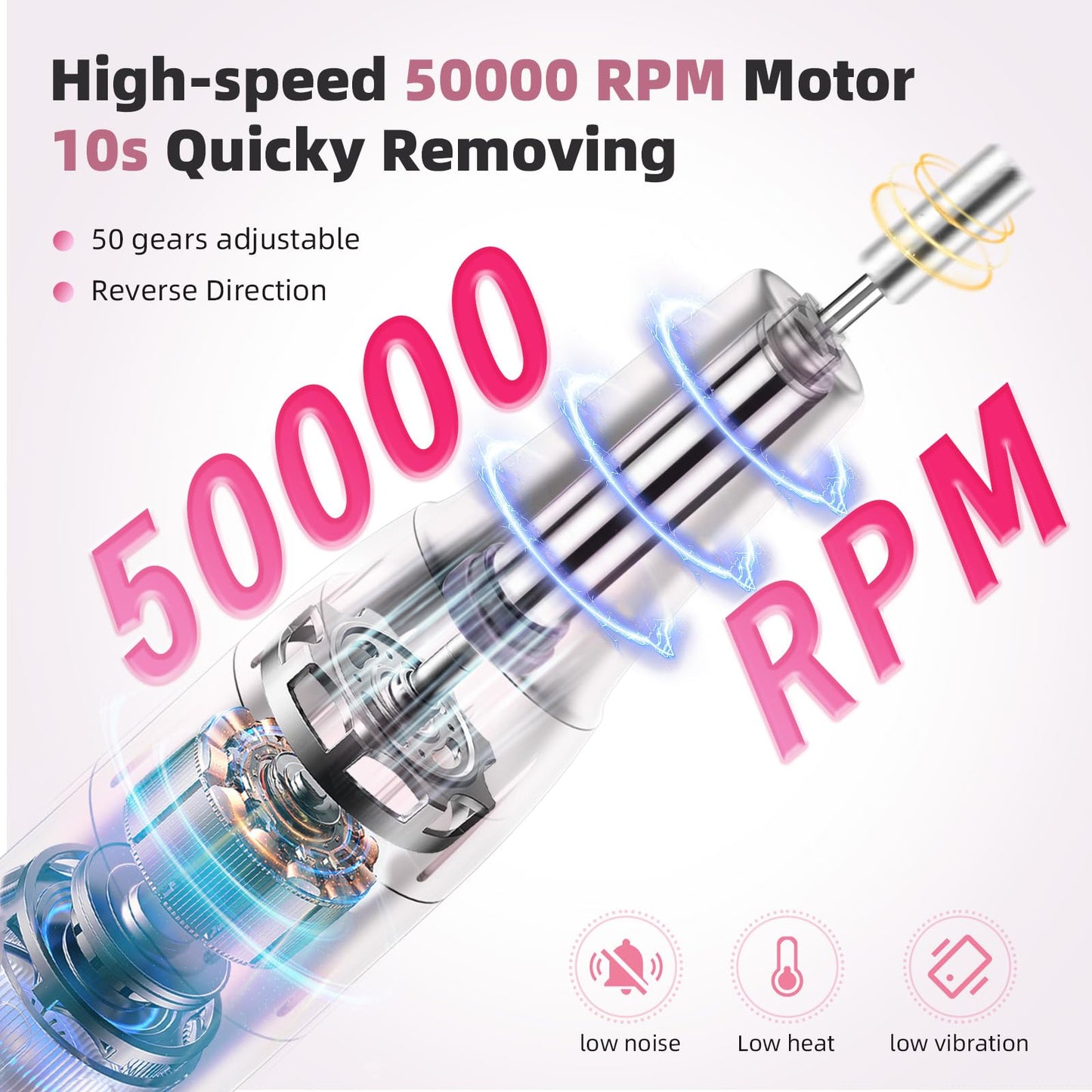 XKNEORW Professional Electric Nail Drill 50000 RPM High Speed with Smart Adjustment, Nail Salon & Home Use Kit, 6 Grinding Heads & Extended Runtime