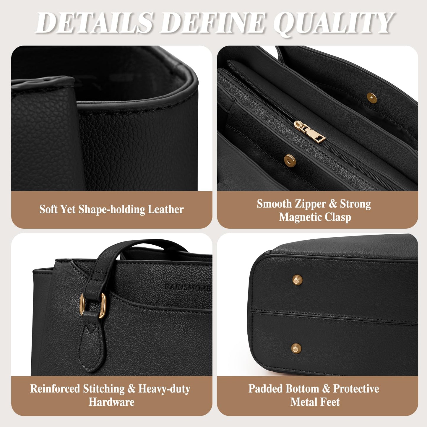 RAINSMORE Laptop Bags for Women 15.6 Inch Work Tote Bags Womens Laptop Purse Waterproof PU Leather Laptop Briefcase for Office Computer Bag Women Travel Handbag, Black