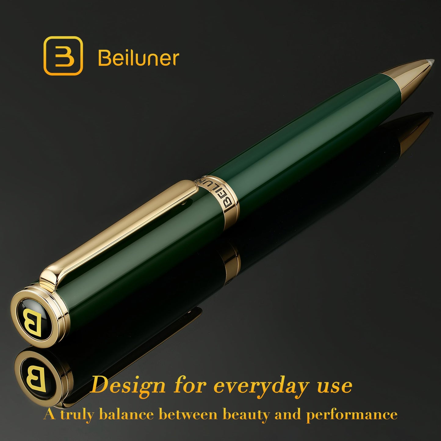 BEILUNER Luxury Gel Pen with 24K Gold Electroplating Finish, Green Piano Lacquer, Nice Craftsmanship, Best Gel Pen Gift Set for Men and Women, Professional, Office, Retractable, Designer Pens