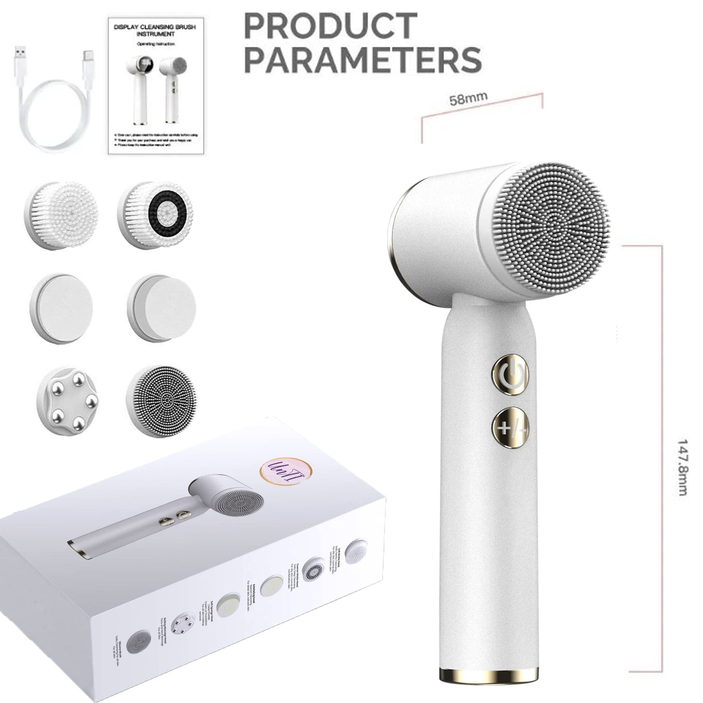 UnTI Electric LED Facial Cleansing Brush Set 6 in 1,Rechargeable Waterproof Portable White Face Cleanser and Exfoliating, Suitable for Oily Dry Sensitive Skin Women & Men