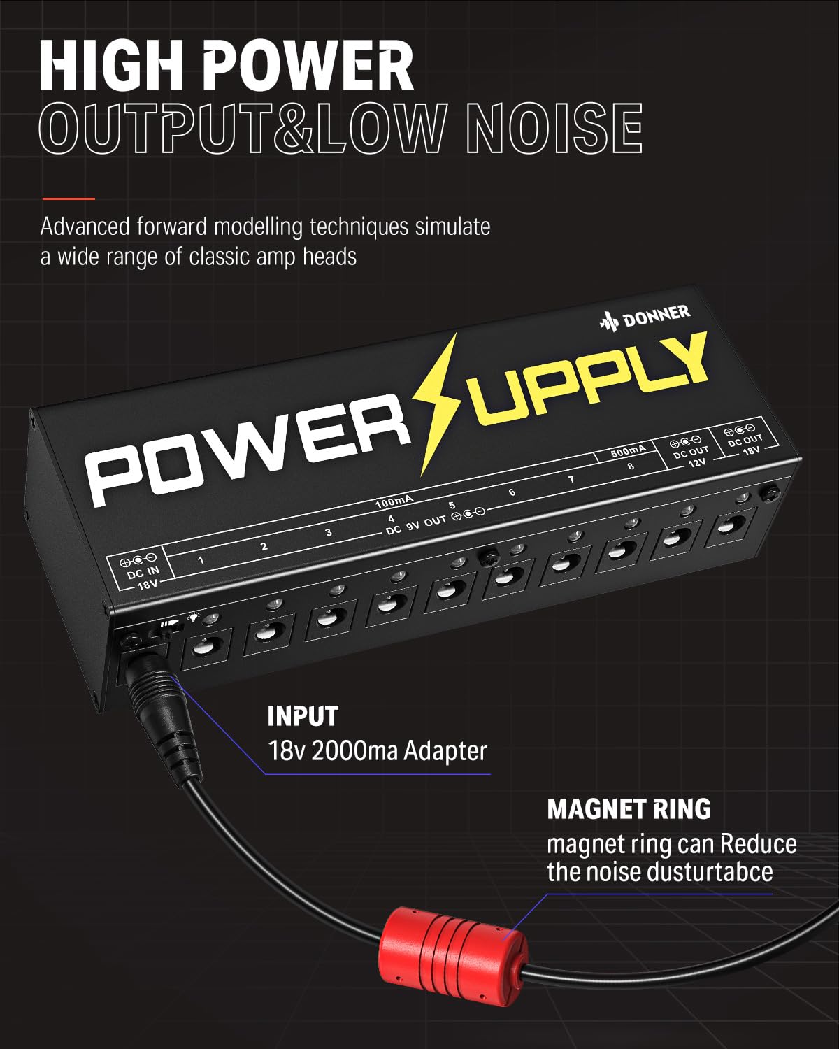 Donner DP-1 Effect Pedal Power Supply 10 Isolated DC Output for 9V/12V/18V Pedal With Blue LED Indicator