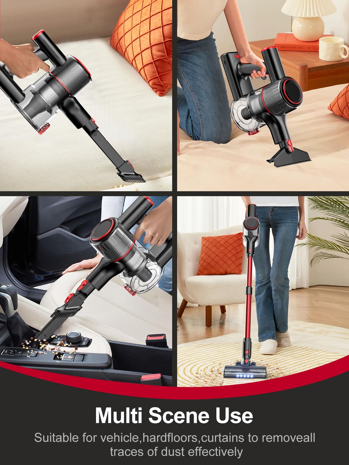 Cordless Vacuum Cleaner, 40KPA Powerful Stick Vacuum 8 in 1 Lightweight Vacuum Cleaners for Home, LED Display, 3 Suction Modes, 45Mins Detachable Battery Vacuum for Hard Floor Carpet Pet Hair (Red)