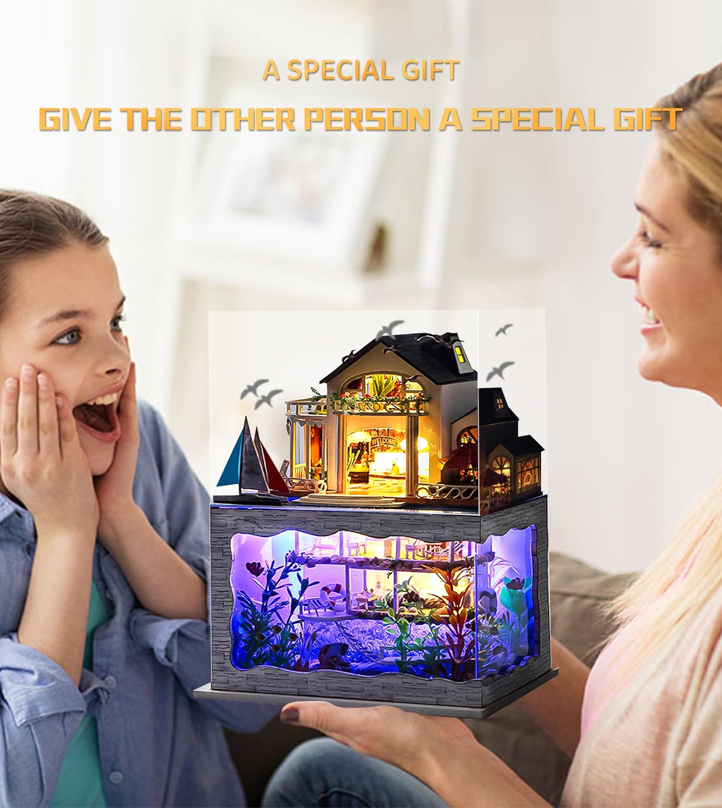 Spilay Miniature Dollhouse Kit with Furniture,DIY Dollhouse Kit Mini Modern Villa Model Plus Dust Cover and Music Box ,1:24 Scale Creative Room Idea for Children Birthday Gift(Hawaii Impression)