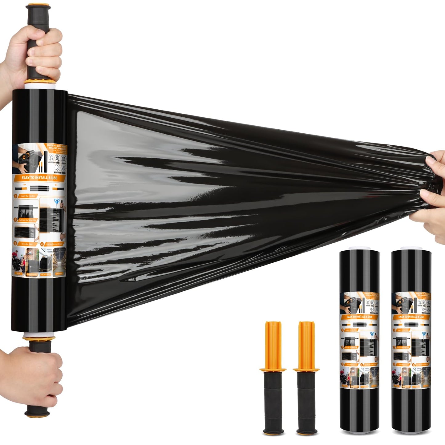 Origuuds Stretch Film, 80 Gauge Stretch Wrap with Handles, Industrial Strength Plastic Wrap for Moving, Pallet Wrap, Luggage, Furniture Wrapping, Packing (Black/15 Inch x 1000 Feet, 2 Roll)