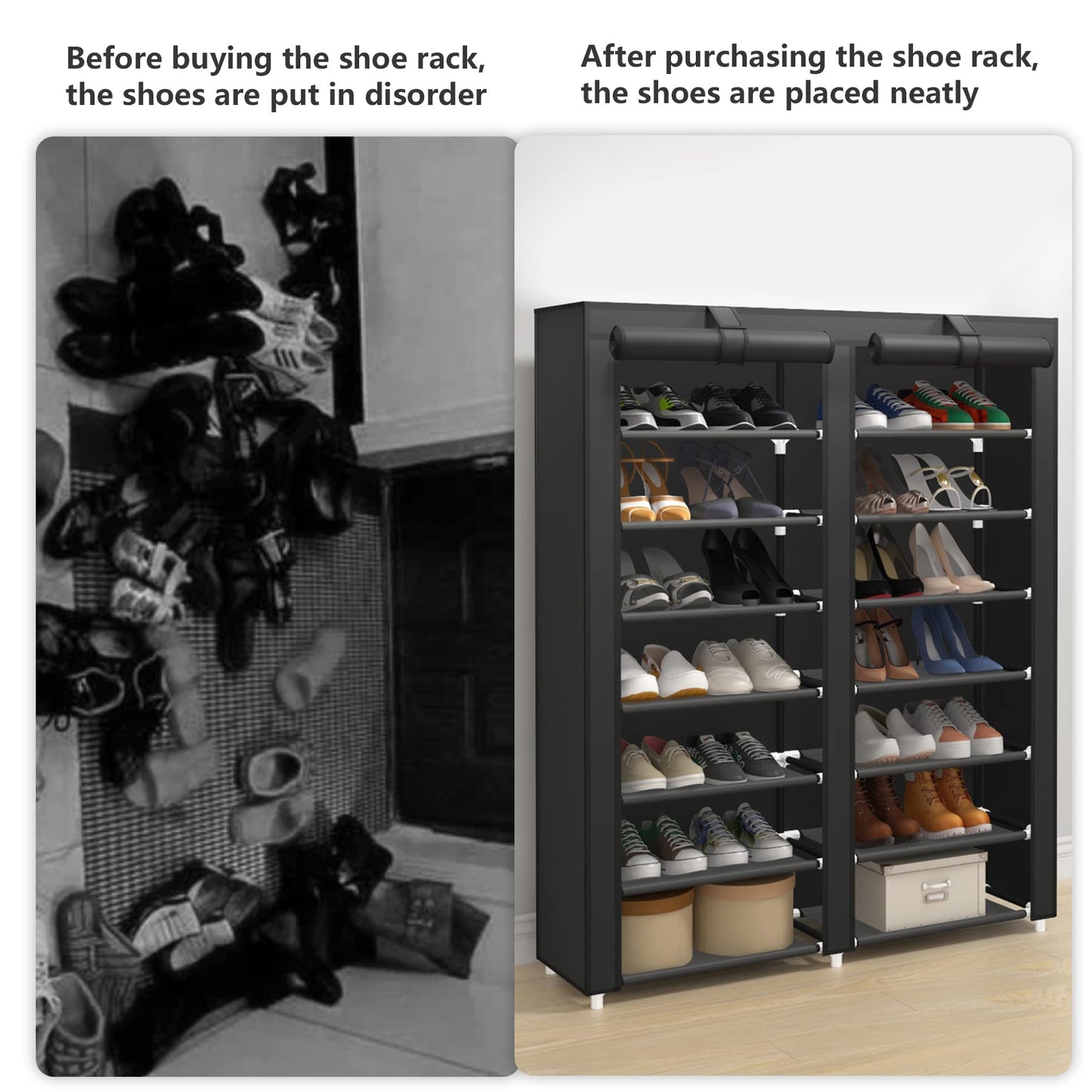 JIUYOTREE 7 Tier Shoe Rack Storage Organizer with Big Capacity,Double Row Shoe Cabinet,Shelf,Closet with Nonwoven Fabric Cover,Black