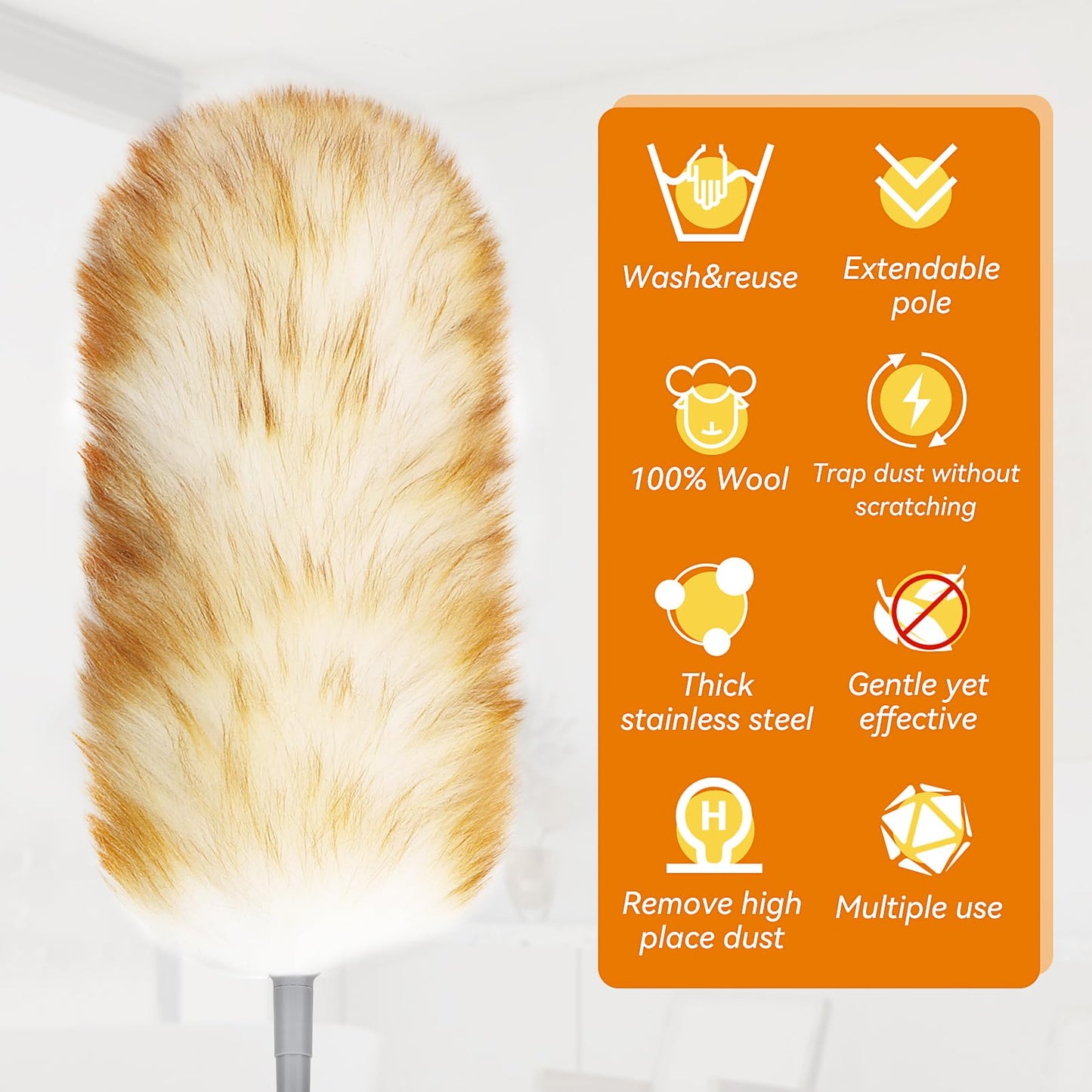 Lambswool Duster with Extension Pole up to 88.58” - Natural Feather Dusters Long Handle Stainless Steel, Fluffy Feather Duster for Cleaning High Ceiling Fans, Window Blinds Shelves, Furniture, Car