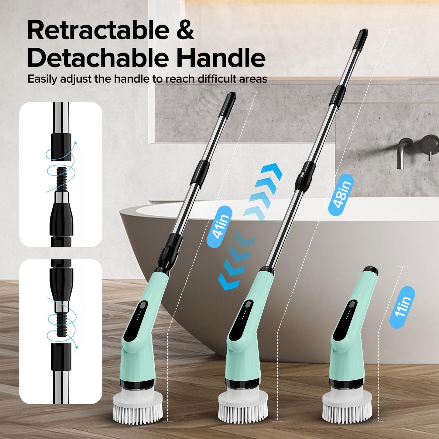 Electric Spin Scrubber, Dreazu IPX7 10-in-1 Bathroom Scrubber， Retractable Handle, 2-Speed Adjustable Shower Cleaner Brush for Bathroom, Bathtub, Kitchen, Tile Floors-Green