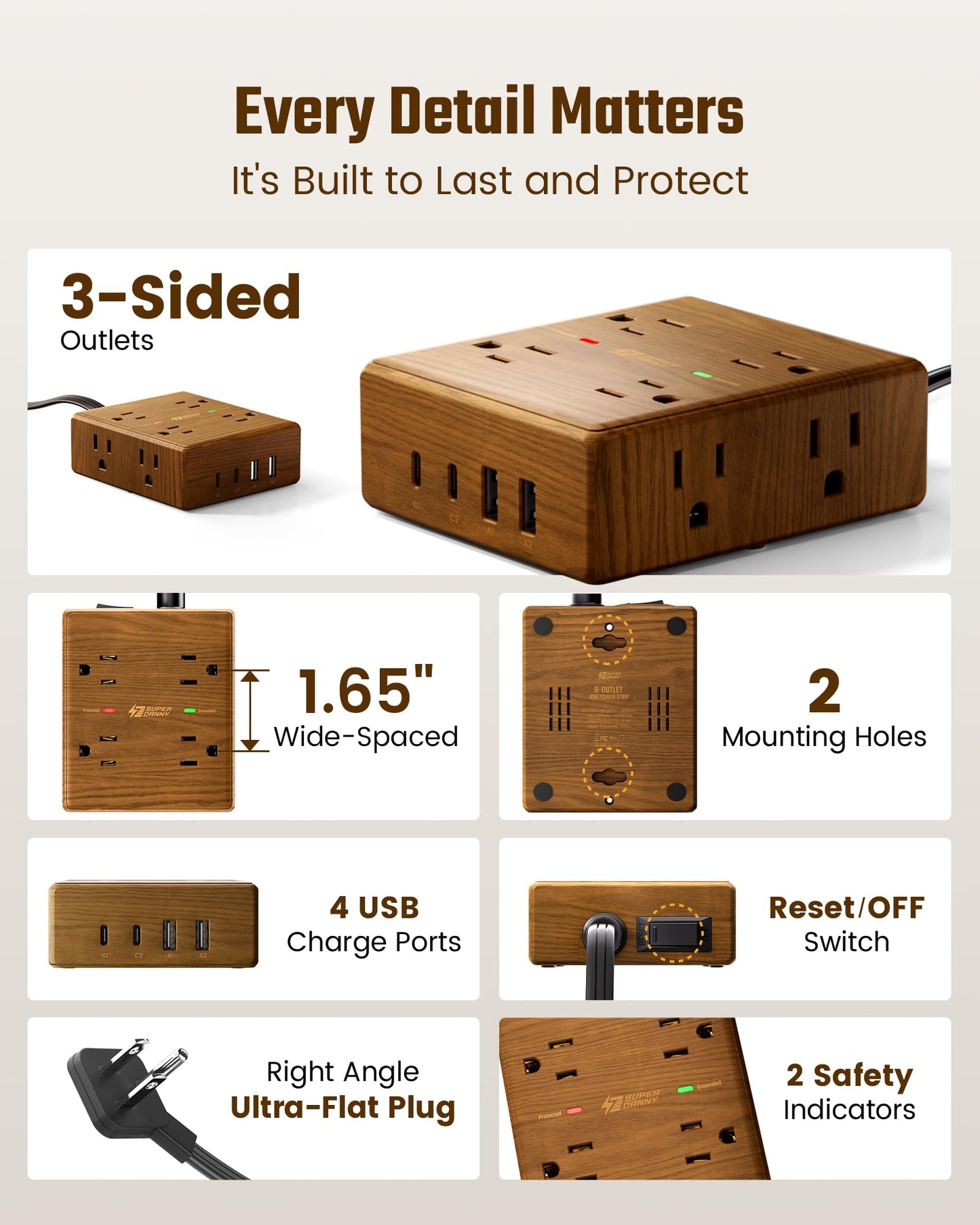 Brown Extension Cord 10Ft, Flat Plug Power Bar Surge Protector, 8 Outlets & 4 USB Ports (2 USB C), Desktop Charging Station Hidden Behind Furniture, Decorative Office Desk Accessories (Wood Grain)