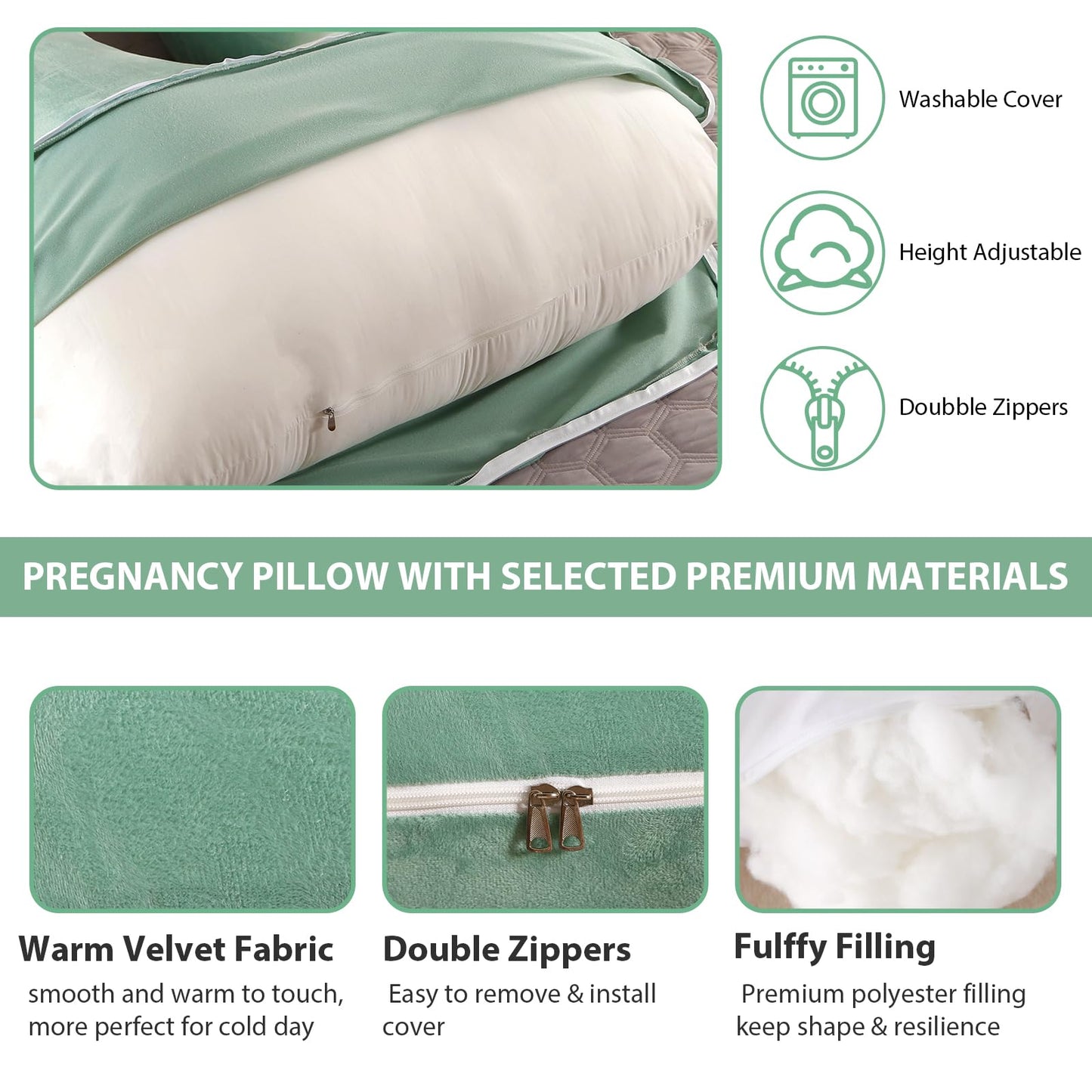 Amagoing 55 inches Pregnancy Pillows for Sleeping, U Shaped Maternity Full Body Pillow for Pregnant Women with Hip, Leg, Back, Belly Support, Washable Velet Cover Included (Velvet Mint Green)