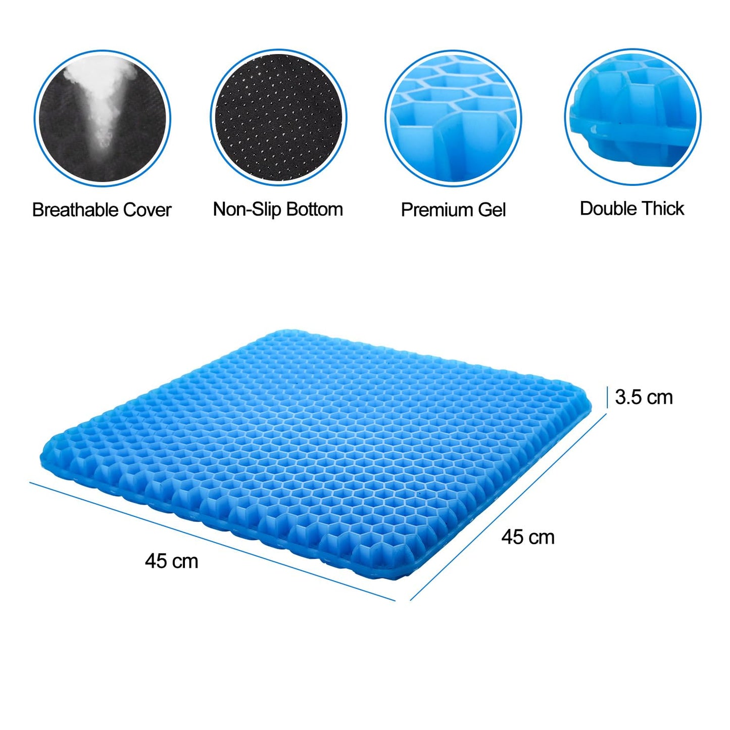 Gel Seat Cushion for Long Sitting,Breathable Double Layer Honeycomb Gel Chair Cushion with Non-Slip Cover for Office Chair,Car,Long Trips & Wheelchair,Seat Pad for Relieve Pain (Blue-45×45cm)