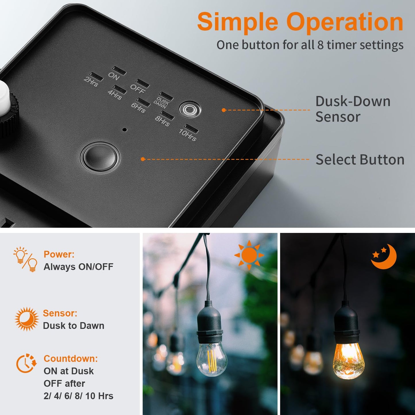 SURAIELEC Outdoor Power Stake Timer, Dusk to Dawn Light Timer, 6 Outlet Power Strip Weatherproof, 6FT Extension Cord Multiple Outlet, Solar Plug Splitter for Christmas Lights, Holiday Decoration