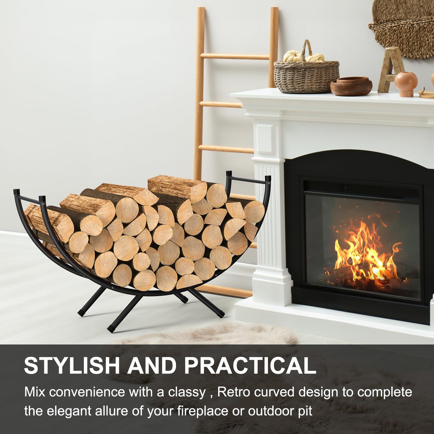 NANANARDOSO Curved Firewood Rack，33 inches Heavy Duty Metal Fireplace Log Holder for Firewood Storage，Ideal for Indoor and Outdoor Fireplaces，Black