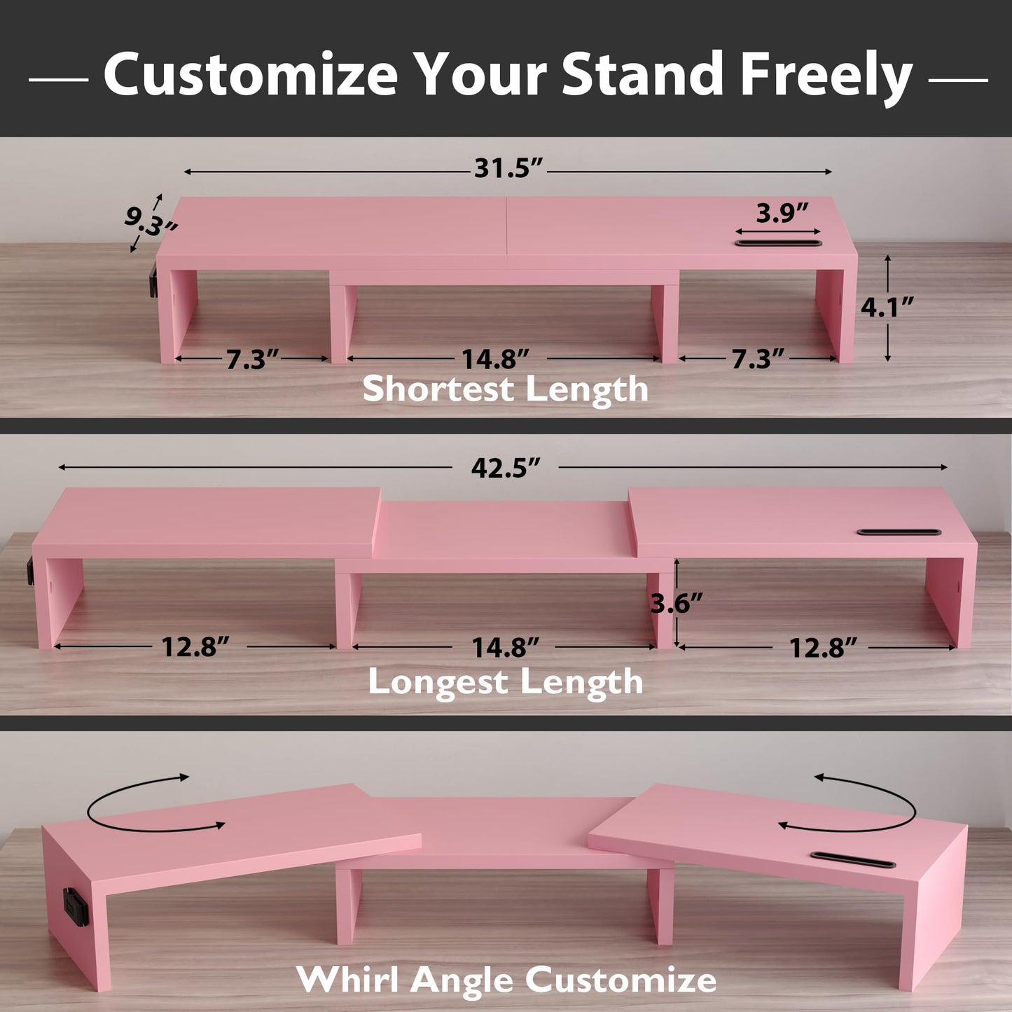BONTEC Dual Monitor Stand for Desk, Adjustable Length and Angle Monitor Stand Riser with Smartphone Holder, Desk Shelf for Top of Desk, Computer Monitor Stand with Storage, Office Desk Organizer, Pink
