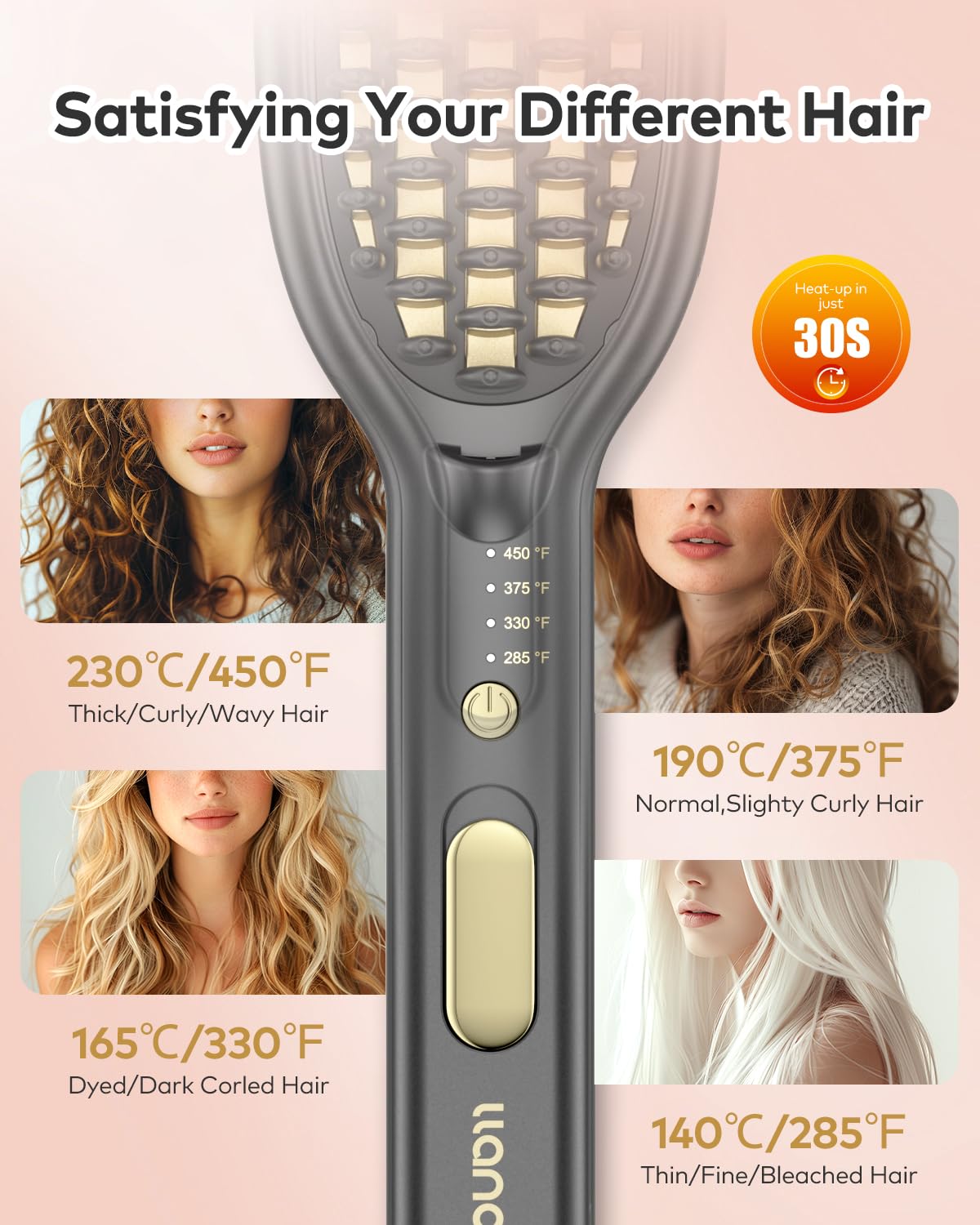 llano Hair Straightener Brush, 2025 Upgraded Ionic Hair Straightener and Curler 2 in 1 with Holder Clamp, Anti-Frizz, Anti-Scald Ceramic Straightening Brush for All Hair Types (Grey)