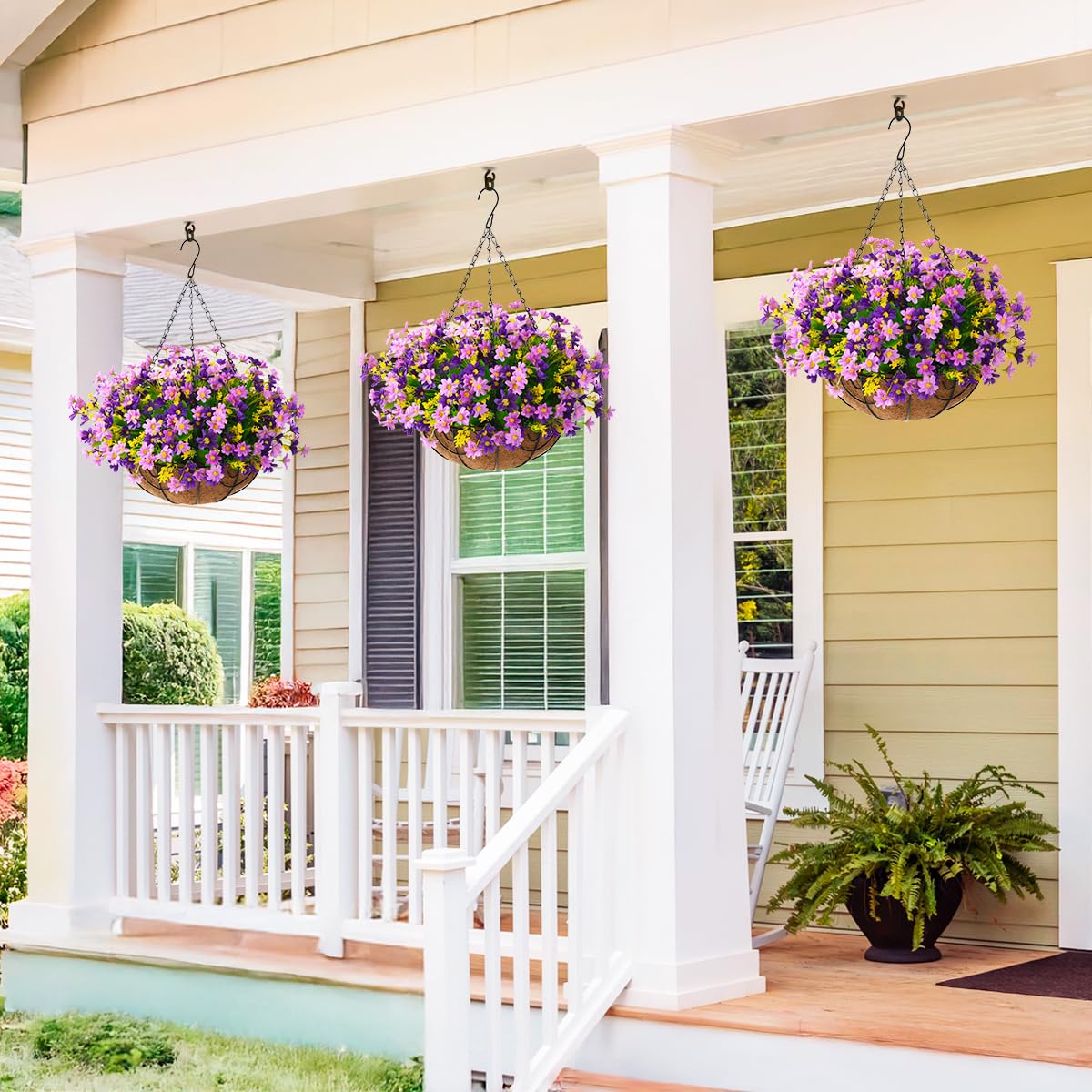 Homsunny Artificial Hanging Flowers in Basket Outdoor Indoor Patio Lawn Garden Decor, Hanging Daisy Basket with 12inch Coconut Lining Chain Flowerpot (Dark Purple)