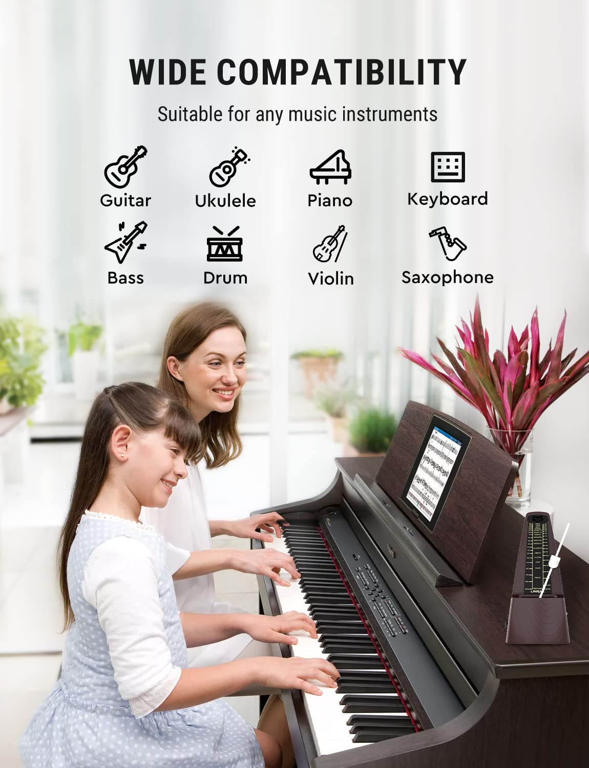 Linrax M2 Mechanical Metronome for Piano Guitar Bass Ukulele Drum Violin Cello Saxophone Trumpet and Other Musical Instruments, Track Tempo and Beat, Loud Sound, High Precision, Wood Grain