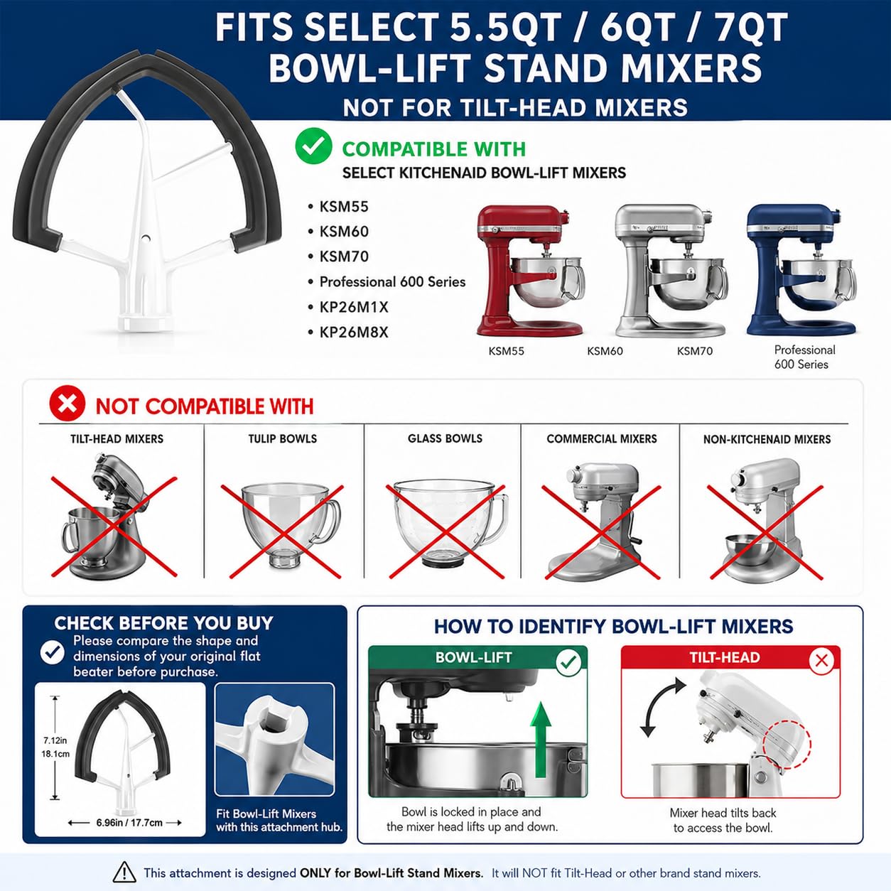 6Qt Flex Edge Beater Compatible with KitchenAid 6-Quart Bowl-Lift Stand Mixers,ONLY for Stainless Steel Bowl, Fits Professional 600, KP26M1X, KB26G1X. [Not for Glass Bowl & Tilt-Head
