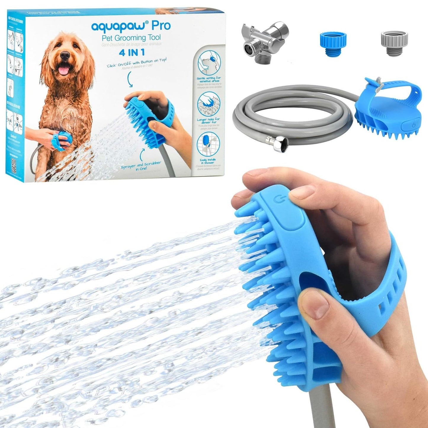 Aquapaw Dog Bath Brush Pro Sprayer and Scrubber Tool in One - Indoor/Outdoor Dog Bathing Supplies - Pet Grooming for Dogs or Cats with Long and Short Hair - Wash Hose and Shower Attachment