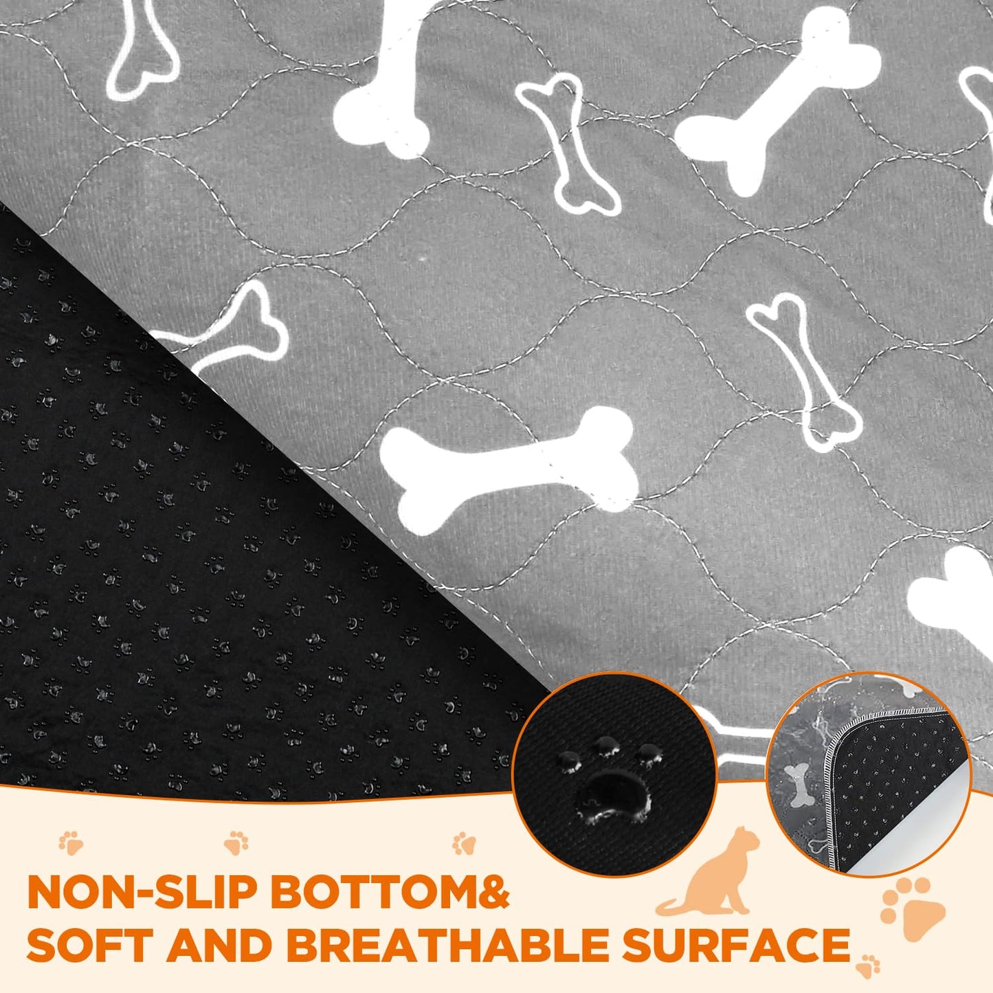 Baodan Washable Pee Pads for Dogs, 2 Pack Dog Pee Pads, Super Absorbent Puppy Pads, Anti-Slip & Reusable Puppy Pee Pads for Training, Incontinence, Playpen (Grey, 48*48Inch)