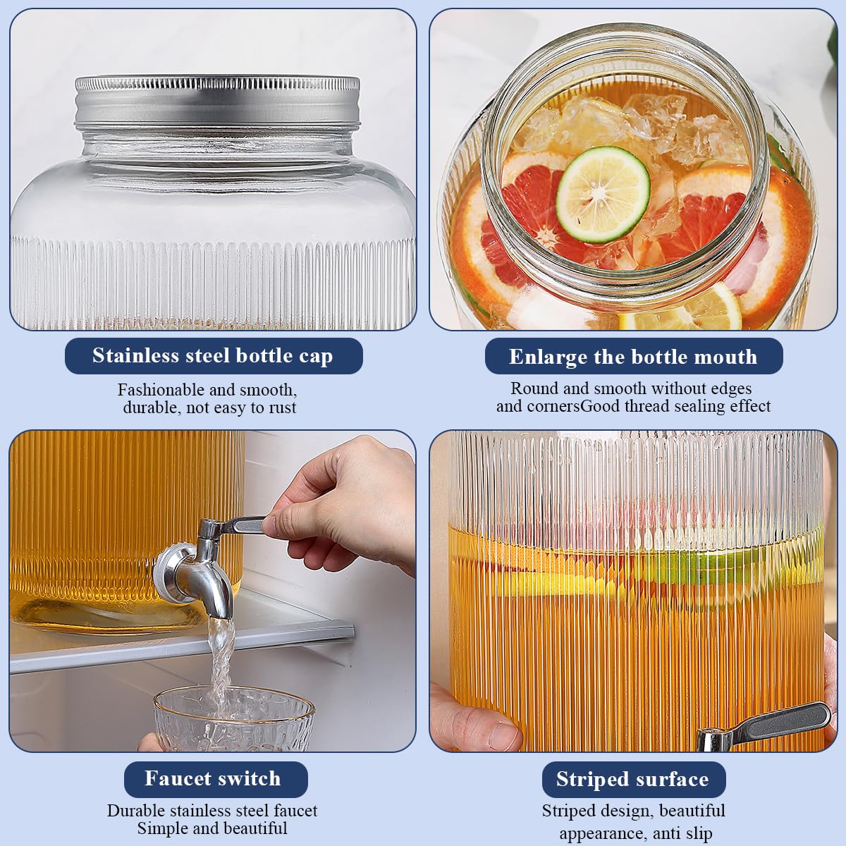 Evanda Glass Drink Dispenser, 4L Beverage Dispenser for Various Parties and Social Events with Leak-Proof Stainless Steel Spigot, Faucets