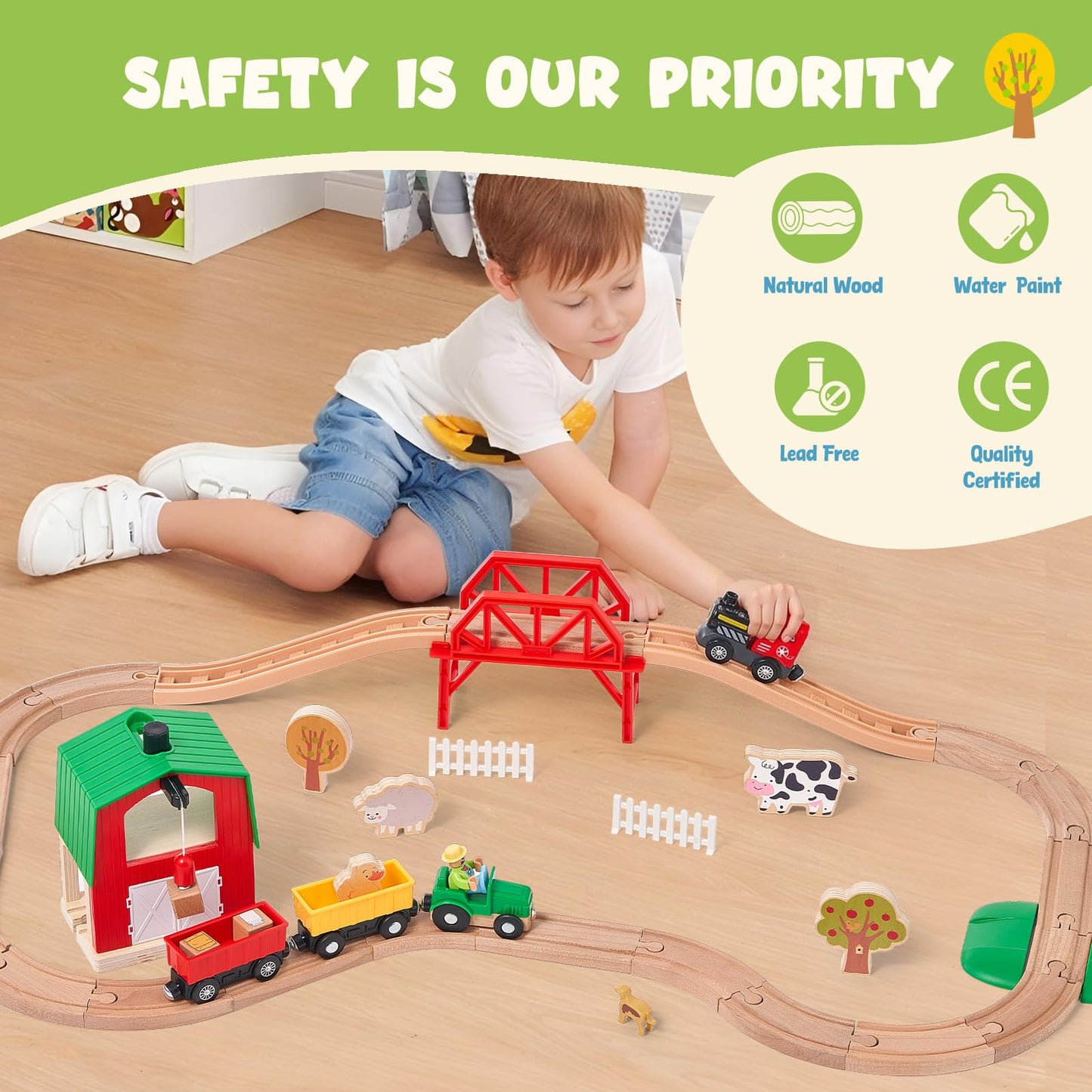 Wooden Farm Train Set for Toddlers, Battery Operated Train Railway Track Set with Bridge, Barn, Animals, Tractor Cargo Trains, Compatible with Most Brand, Toy Gift for Kids Boys Girls Age 3-8