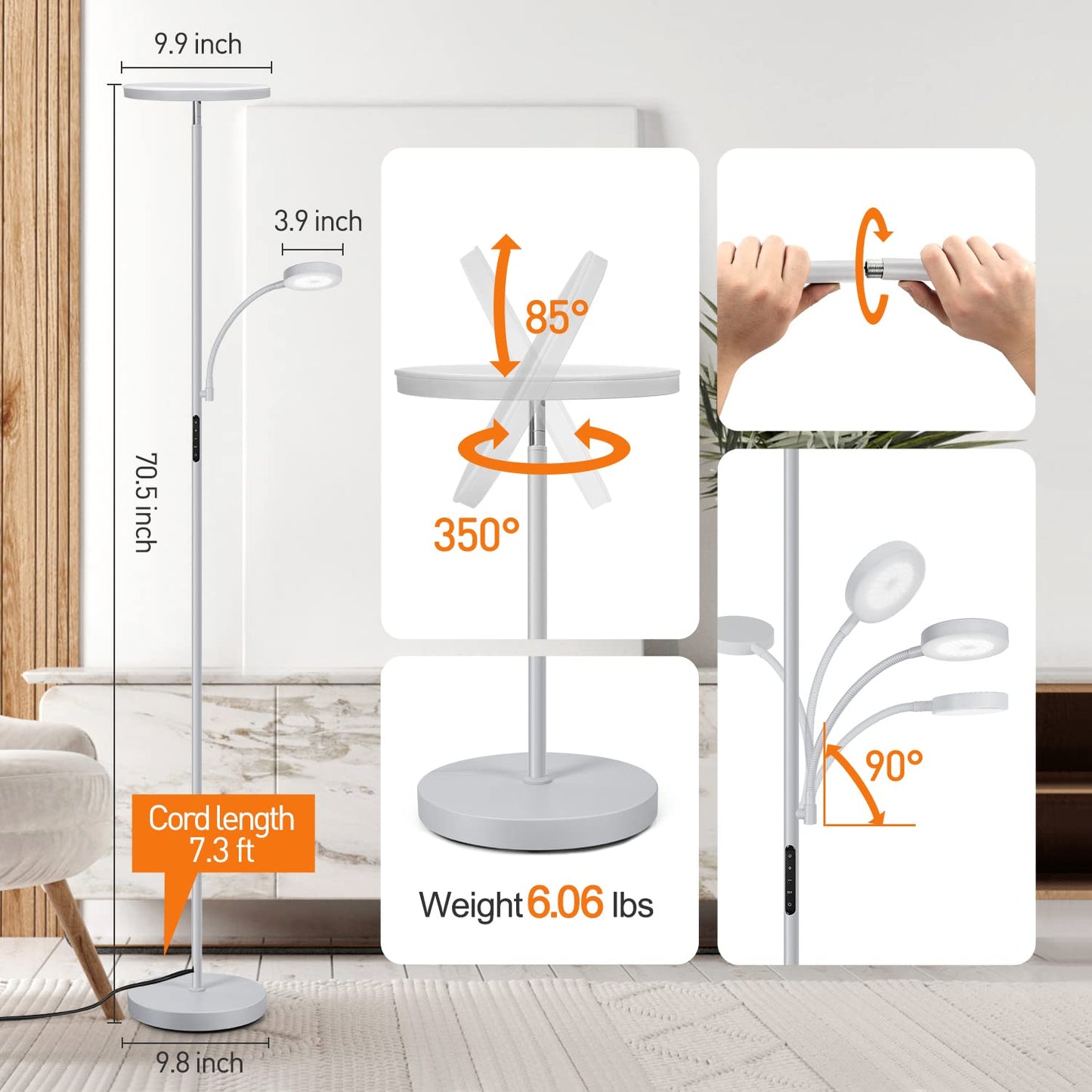 OUTON LED Floor Lamp with Adjustable Reading Lamp, 27W Main Light & 7W Reading Lamp, Dimmable Standing Lamp with 4 Color Temperature, Remote & Touch Control for Living Room Bedroom Office, Grey