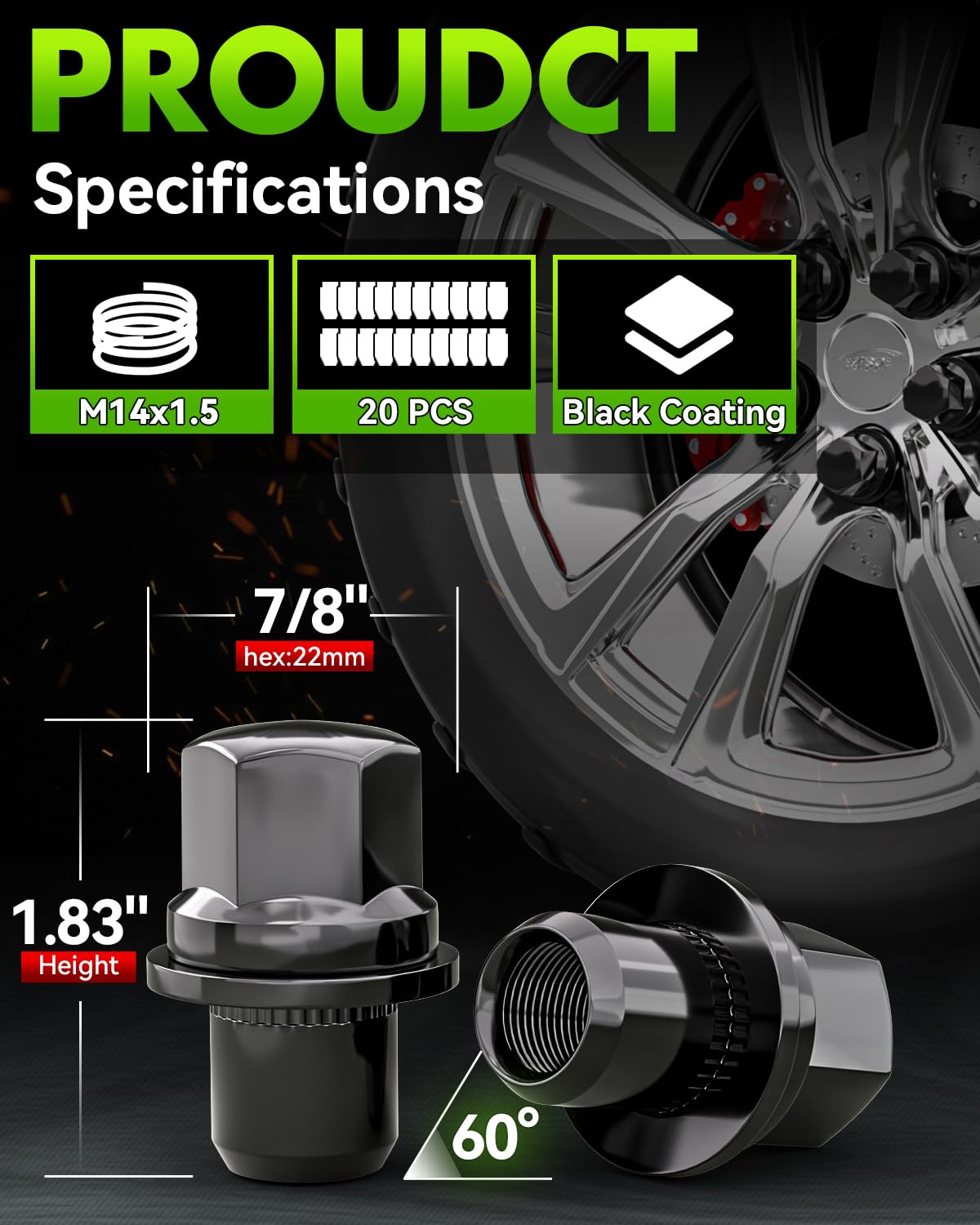 EZISOE 1.83" Black 20PCS 14x1.5 Closed End Bulge Acorn Lug Nuts - Mag Seat - 0.87" Hex Wheel Lug Nuts for Land Rover LR3 LR4 Range Rover & Sport