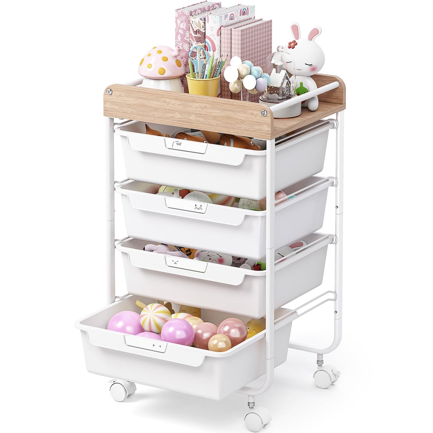 SYKIARIOL 4 Drawer Rolling Utility Cart with Wooden Top and Handle, Craft Storage Cart with Lockable Wheels, Multi-Purpose Organizer Drawer Cart for Home Office Bedroom Classroom，White