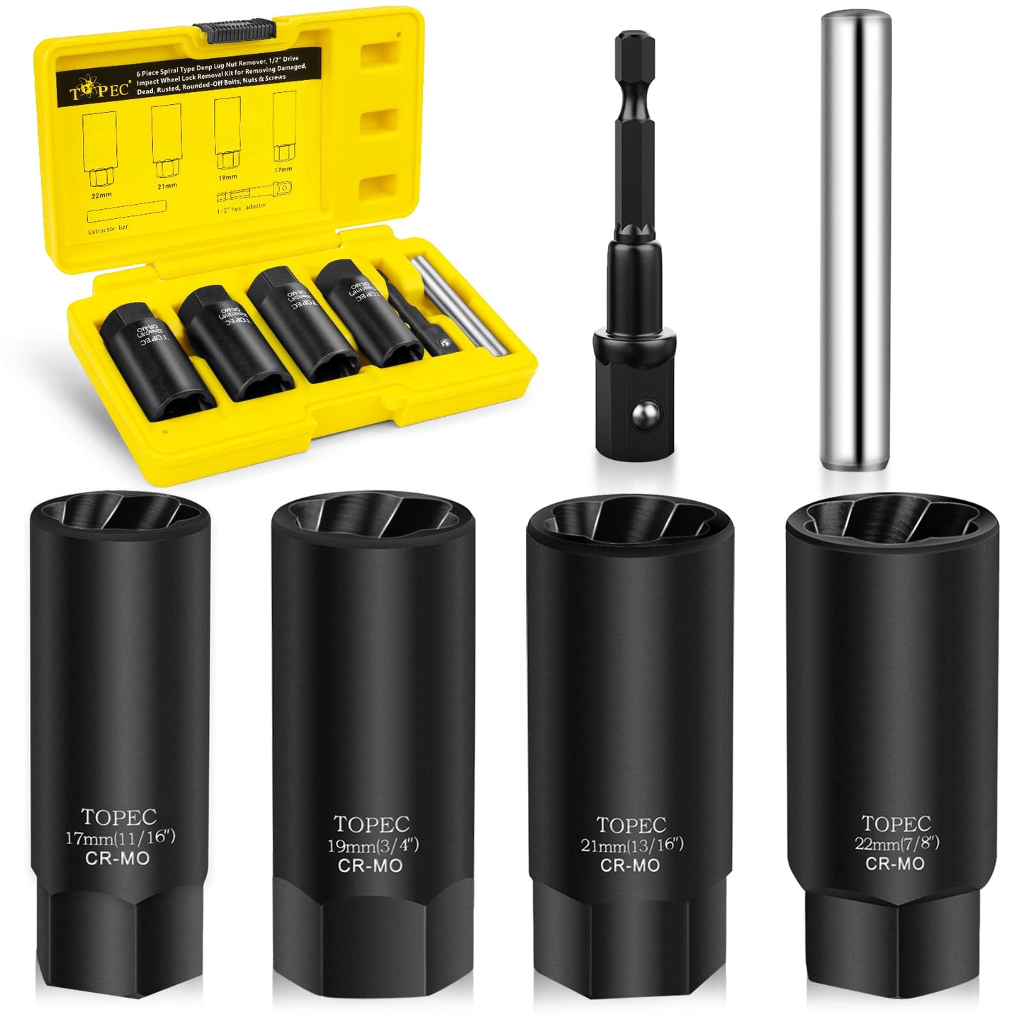TOPEC 6PCS Deep Lug Nut Remover Heavy Duty, 1/2" Drive Impact Wheel Lock Removal Kit, Lug Nut Removal Tool for Stripped, Damaged, Rounded Bolts, Nuts 、