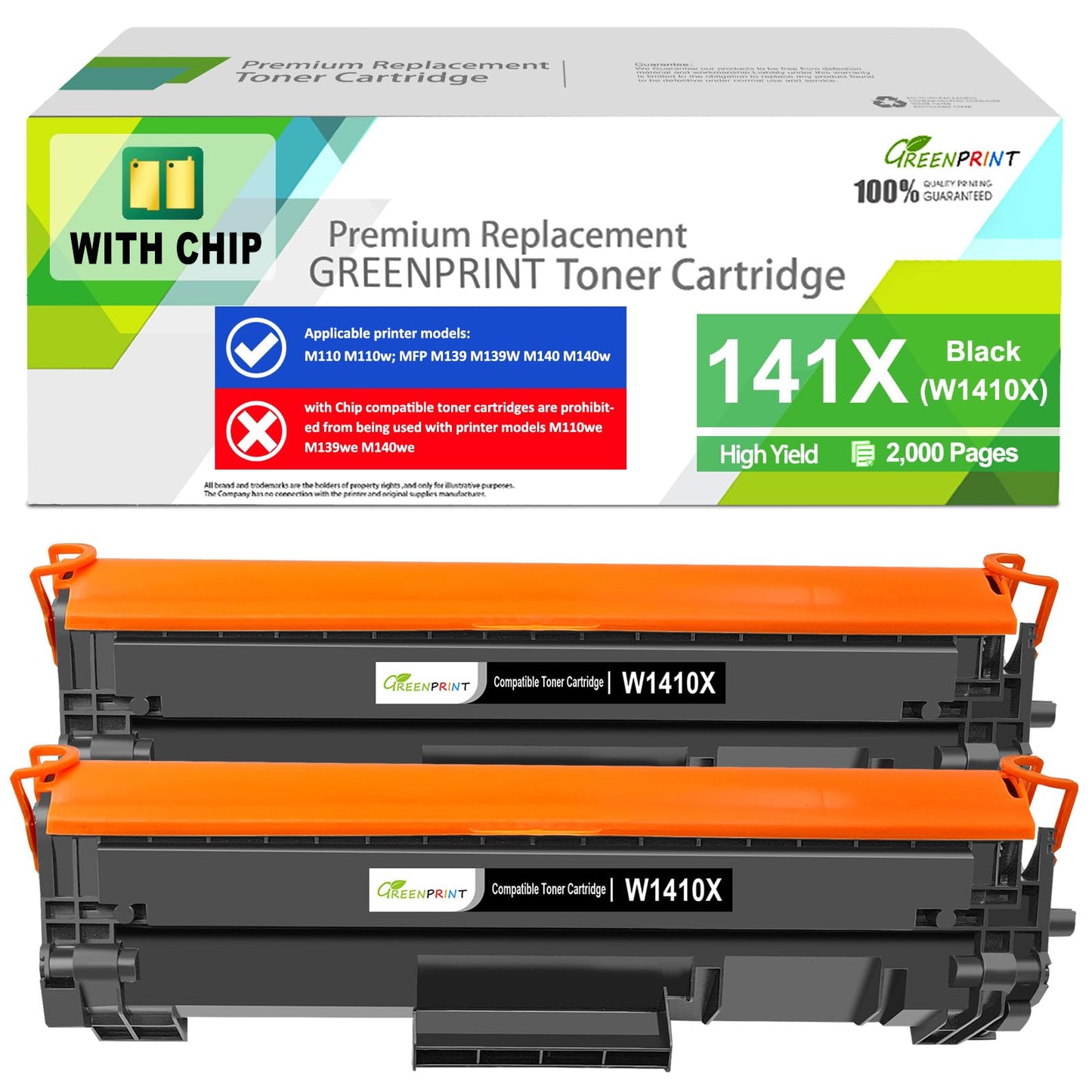 with CHIP 141X W1410X ( W1410A 141A ) Compatible Toner Cartridge 2 Blacks High Yield 2000 Pages for H P LaserJet Printer M110 M110w M139 M140 M140w【Can't Work with H P + Printer Model End with e 】