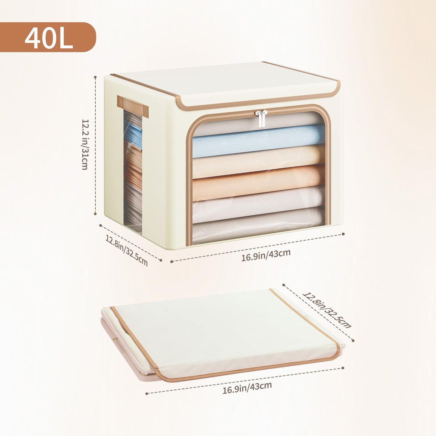 Yecaye 3 Pack Clothes Organizer with Metal Frame, 40L Foldable Storage Cabinet for Clothes, Stackable Metal Frame Storage Box with Lid, Linen Fabric Box Organizer with Clear Window, PU Handles,Beige