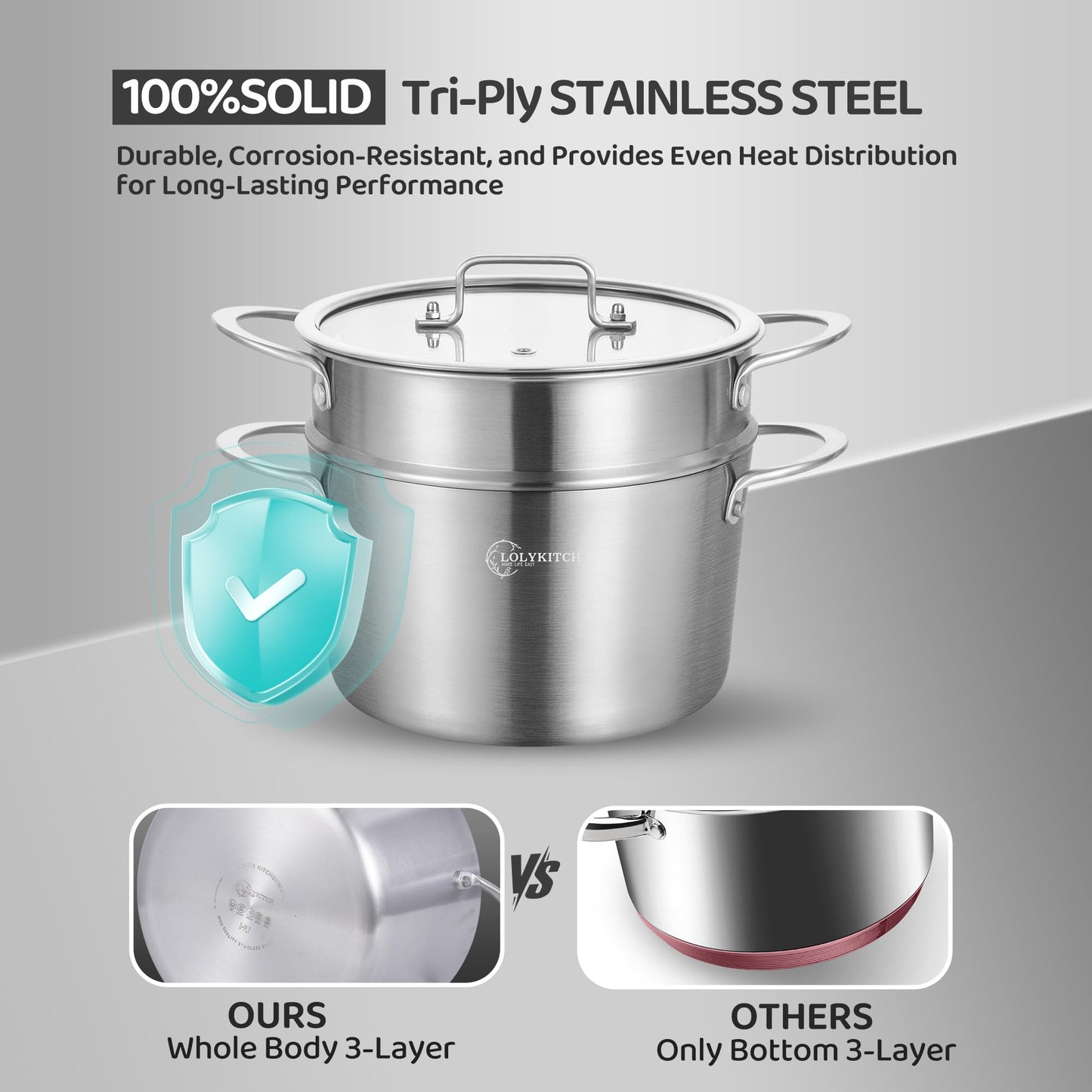 LOLYKITCH Tri-ply Stainless Steel 3 QT Stock Pot with Steamer,Induction Cooking Pot,Pots and Pans,Dishwasher and Oven Safe.
