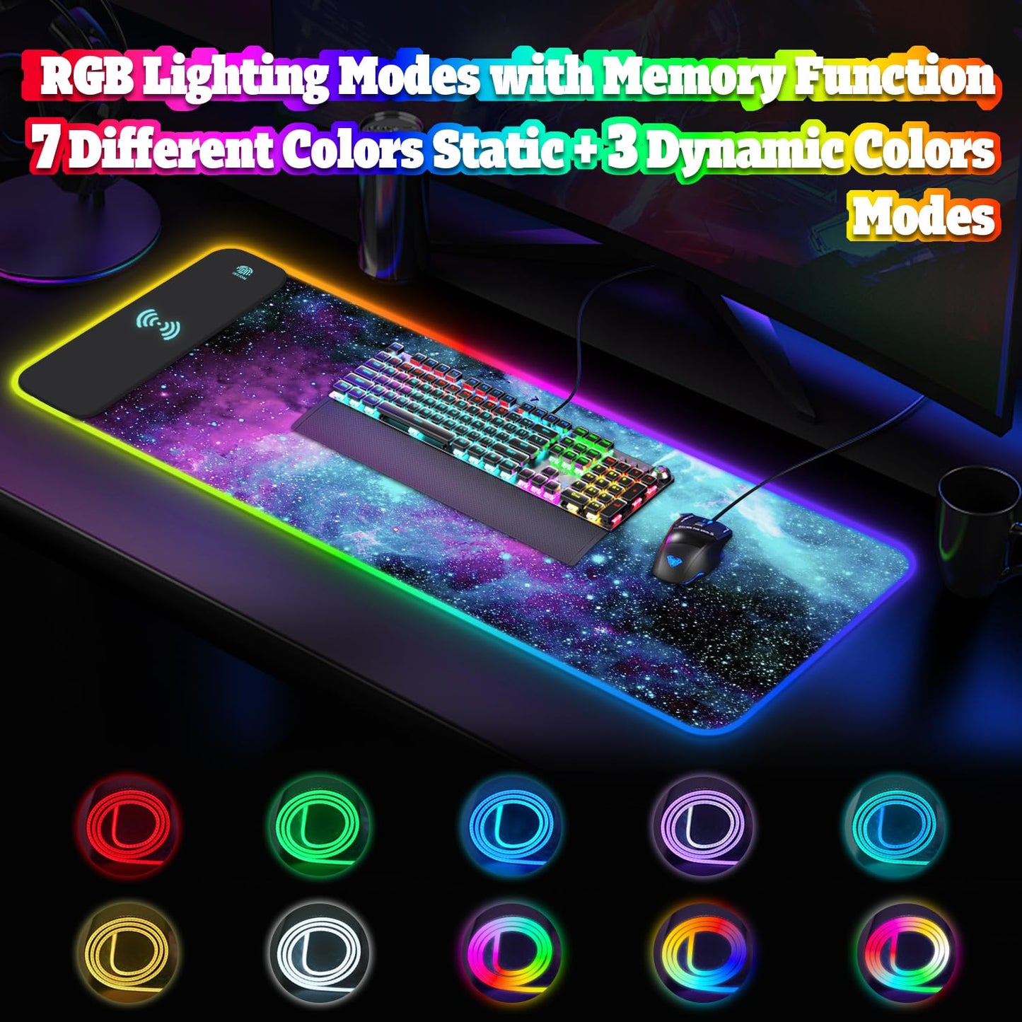 YQE Gaming Mouse Pad Wireless Charging: RGB Gamer Desk Mat 15W for Keyboard and Mouse, Large LED Desk Pad with 10 Colors LED Light, Non-Slip Rubber Base Keyboard Pad for Gaming, PC, Laptop