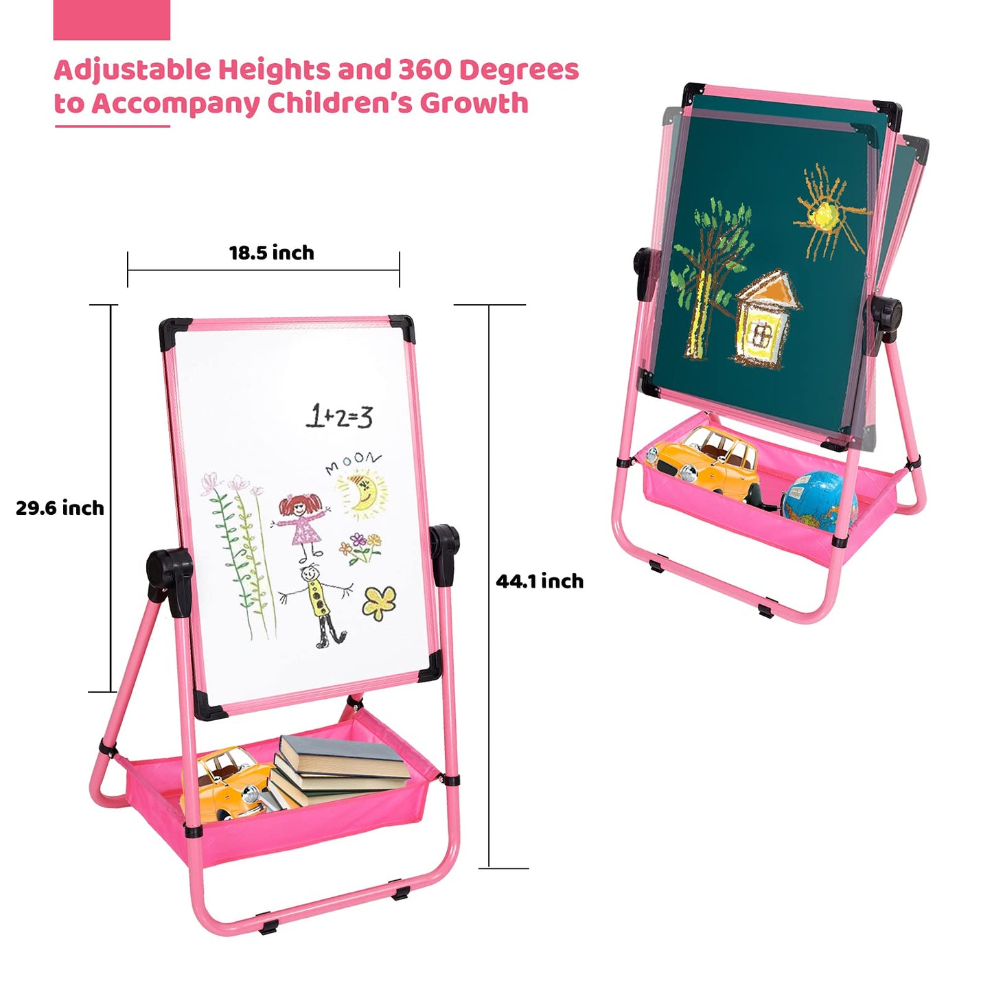 Kids Art Easel Double Sided Whiteboard &Chalkboard Height Adjustable U-Stand 360° Rotating Design (Pink)