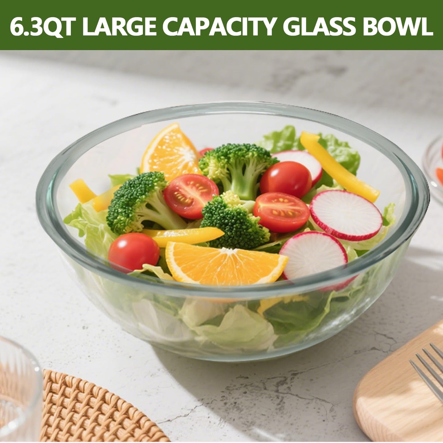 CD HOME Large Glass Mixing Bowl with Lid,6.3 Quart Thickened Bowl Edges Clear Glass Salad Cooking Bowls for Sourdough, Salad and Storage Prepping and Baking Food Storage