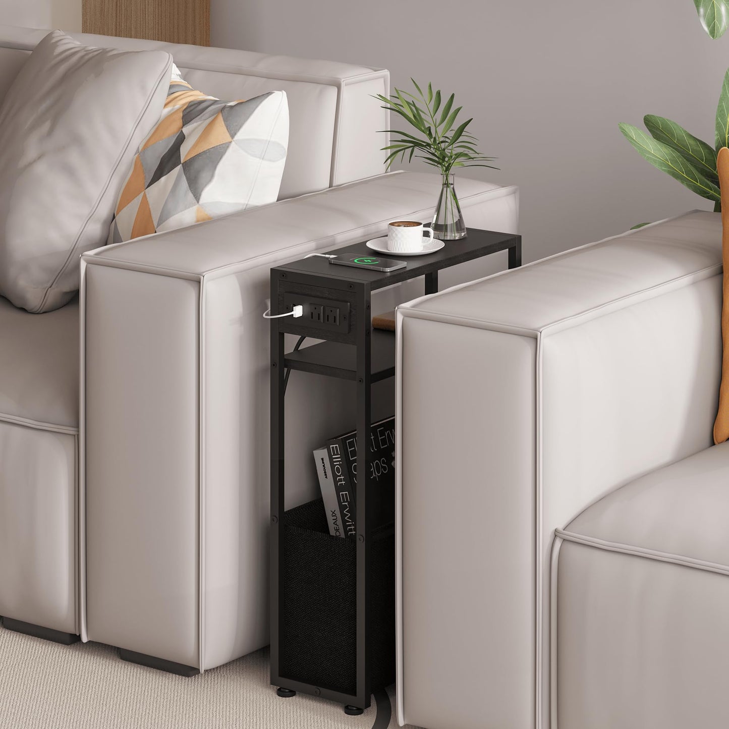 Leomonio Narrow Side Table, Slim End Tables with Fabric Basket, Skinny Table for Small Spaces, Thin Bedside Table for Living Room, Bedroom (1, Black - Outlet)