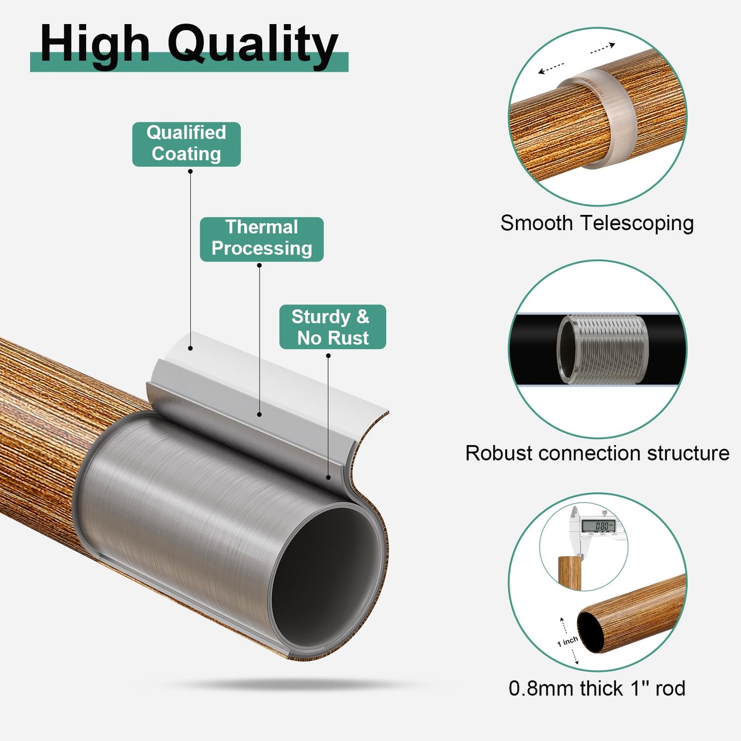 QDWIS Boho Natural Wood Curtain Rods for Windows 66 to 120 inch, 1" Adjustable Heavy Duty Window Curtain Rod with Imitation Wood Grain Finials,Rustic Decorative Drapery Rods Set,Size:36''-120''