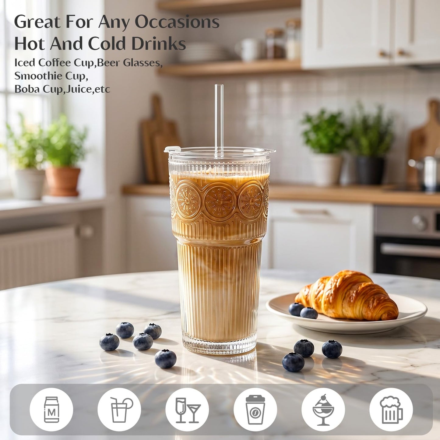 INSETLAN 20oz Ribbed & Floral Glass Tumblers with Lids and Glass Straws, Set of 4 – Iced Coffee Cups, Reusable Drinking Glasses for Water, Smoothies, Tea, and Juice – Perfect for Travel & Daily Use