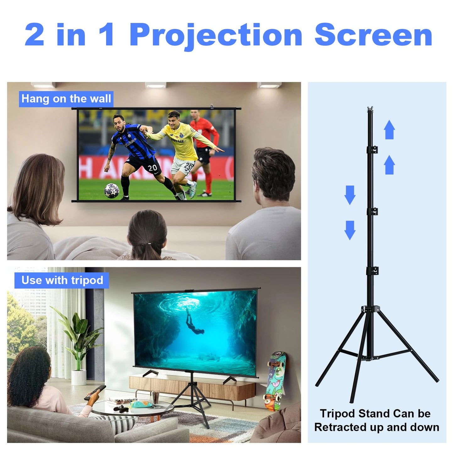 Projector Screen with Stand 100 inch,Indoor Outdoor Projection Screen with Black Backing,16:9 HD Premium Wrinkle-Free Tripod Screen for Projector with Storage Bag