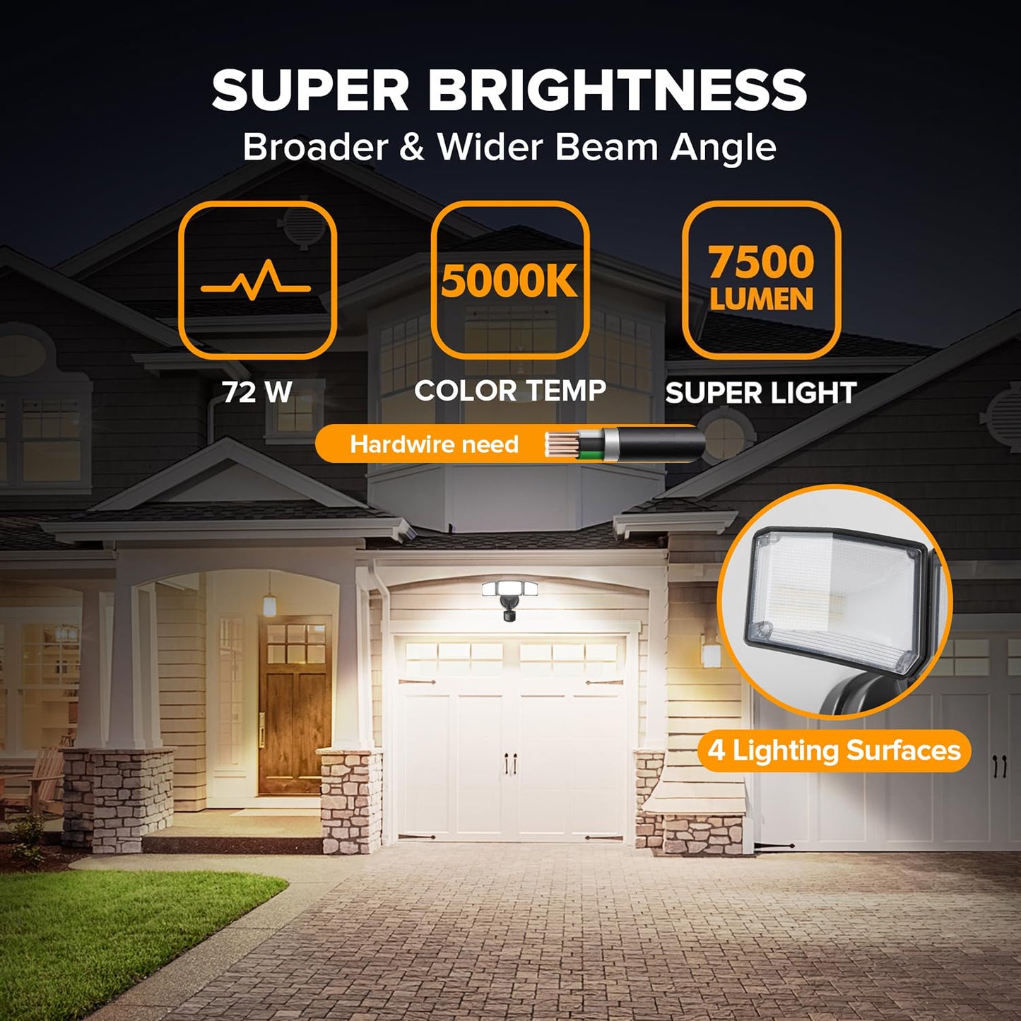 LUTEC 72W 6300LM LED Security Lights Motion Sensor Light Outdoor, 5000K Daylight, IP65 Waterproof, Dusk to Dawn, 3 Head Motion Detected Flood Light for Garage, Yard, Porch(Black)
