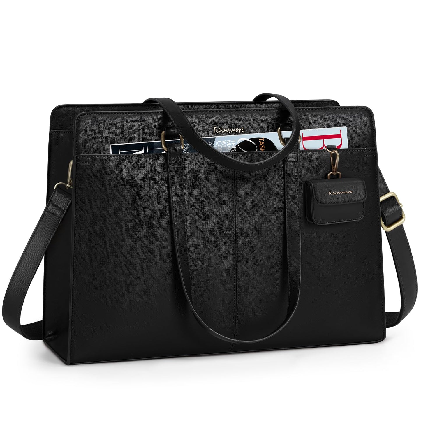 RAINSMORE Laptop Bags for Women 15.6 Inch Work Tote Bags Womens Waterproof PU Leather Shoulder Bag Laptop Briefcase for Office Women Black