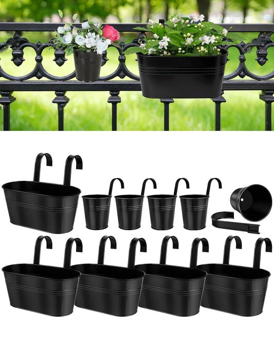 Black Metal Railing Planter for Outdoor Plants - 10 Pack Balcony Hanging Planter Box with Detachable Hooks and Drain Holes Oval Hanging Pots Fence Planters for Railing Garden Fence (11 & 4 Inch)