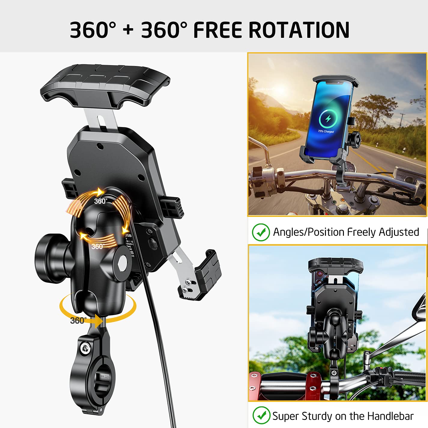 iMESTOU Anti-Thief Motorcycle Wireless Phone Mount Charger 15W & USB C 3A Handlebar 1" Ball Stem Phone Holder Works with 12V/24V Vehicle/USB Socket Quick Charge for 4.0-7.0" Cellphones