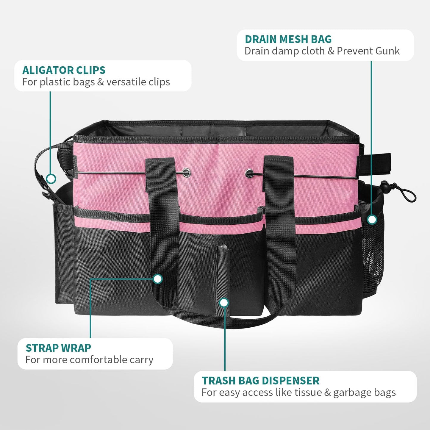 BOHEMIABY Cleaning Bags for Housekeepers, Large Cleaning Supplies Organizer with Handles & Shoulder Strap, Cleaning Caddy Bag with Foldable Divider for Cleaners, Car Horse Clean Bag (Pink)