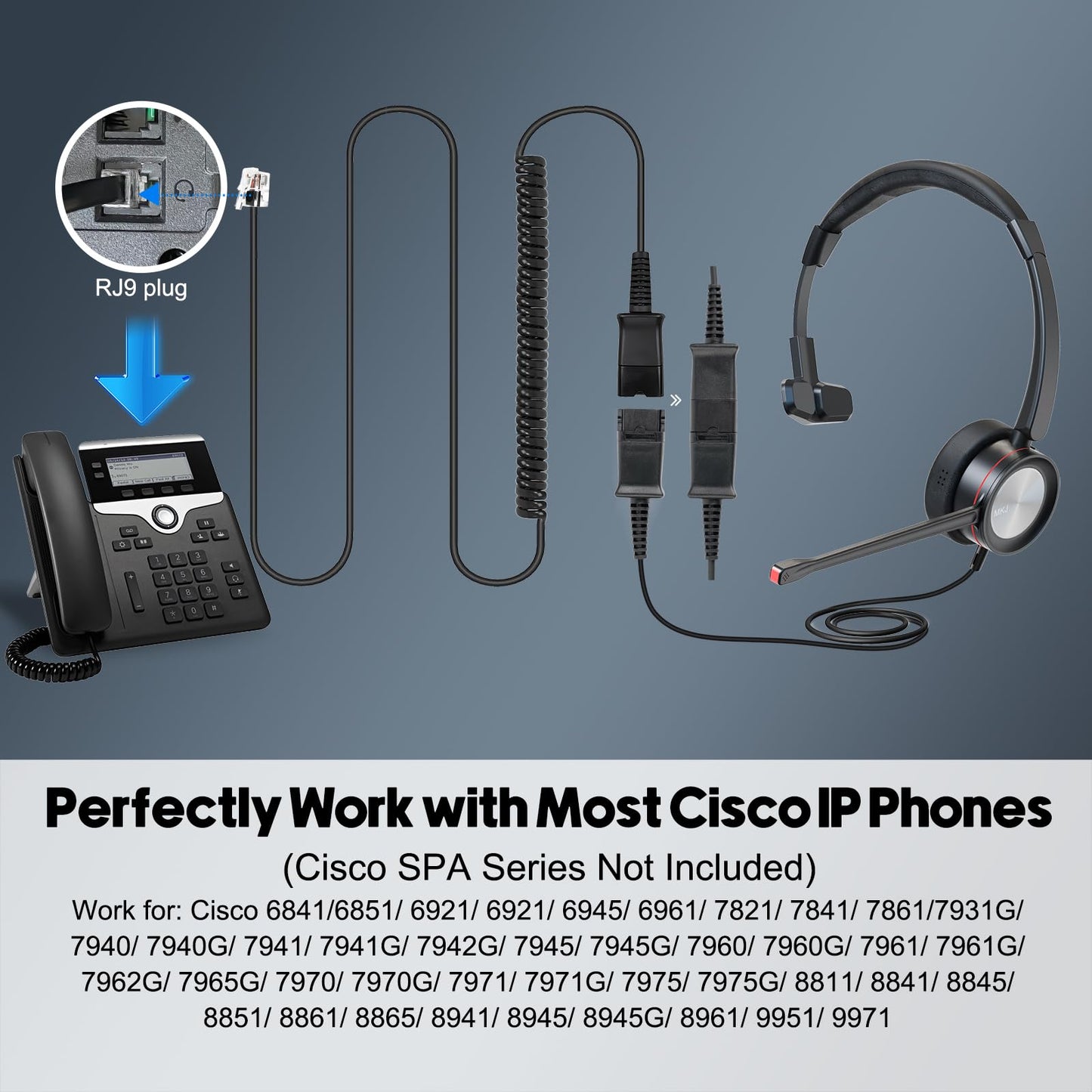 MKJ Cisco Headset Corded RJ9 Call Center Office Phone Headset with Microphone Noise Cancelling for Cisco CP-7821 7841 7861 7941G 7942G 7945G 7962G 7965G 7970 7971G 7975G 8841 8865 8851 9975