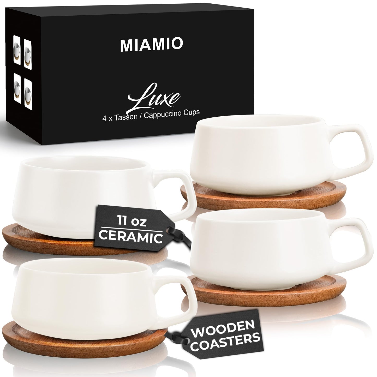 MIAMIO – 320 ml., Set of 4 Ceramic Tea Cup and Saucer Bamboo/Tea Mug - Wide Cappuccino Cup, Coffee Cups Ceramic Mug for Cappuccino, Latte, Espresso & Americano - Luxe Collection (White)