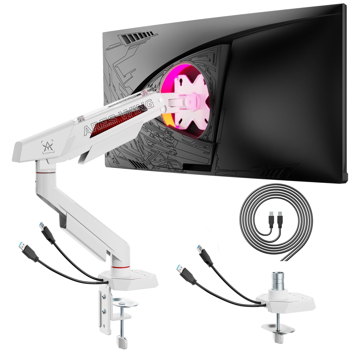 ARES WING Heavy Duty Single Monitor Arm, Fully Adjustable Single Monitor Mount for 17-40 Inch Flat Curved Ultrawide Screens Up to 26.5lbs with USB A/C, C-Clamp & Grommet Base, 75/100 Vesa Mount, White