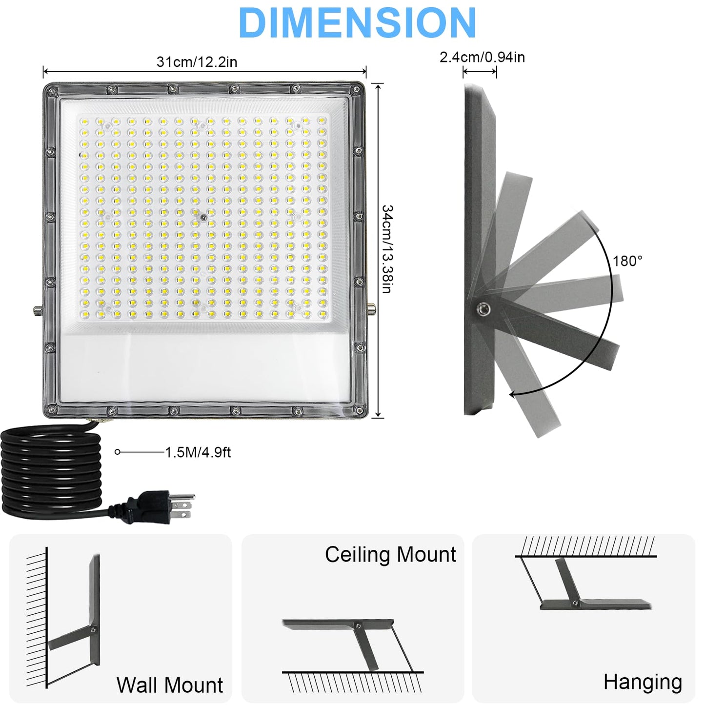 2 Pack 300W LED Flood Light Outdoor, Exterior Flood Lights, Outdoor Flood Lights, Plug in Flood Light, for Yard, Garden, Playground, Lawn, Garages,Basketball Court, Stadium